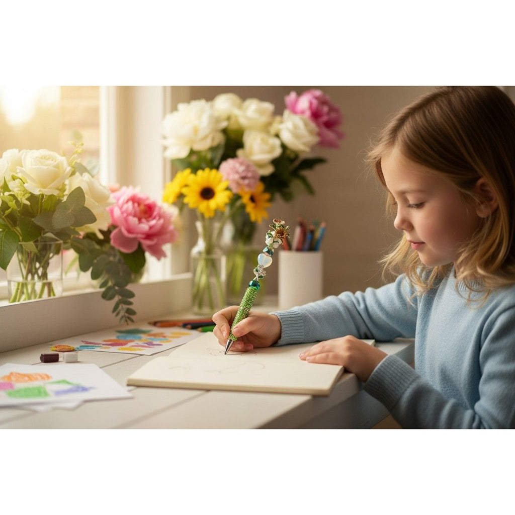 Floral-Inspired Decorative Ballpoint Pen With Rhinestones & Beaded Design Green & Gold Unique Writing Accessory