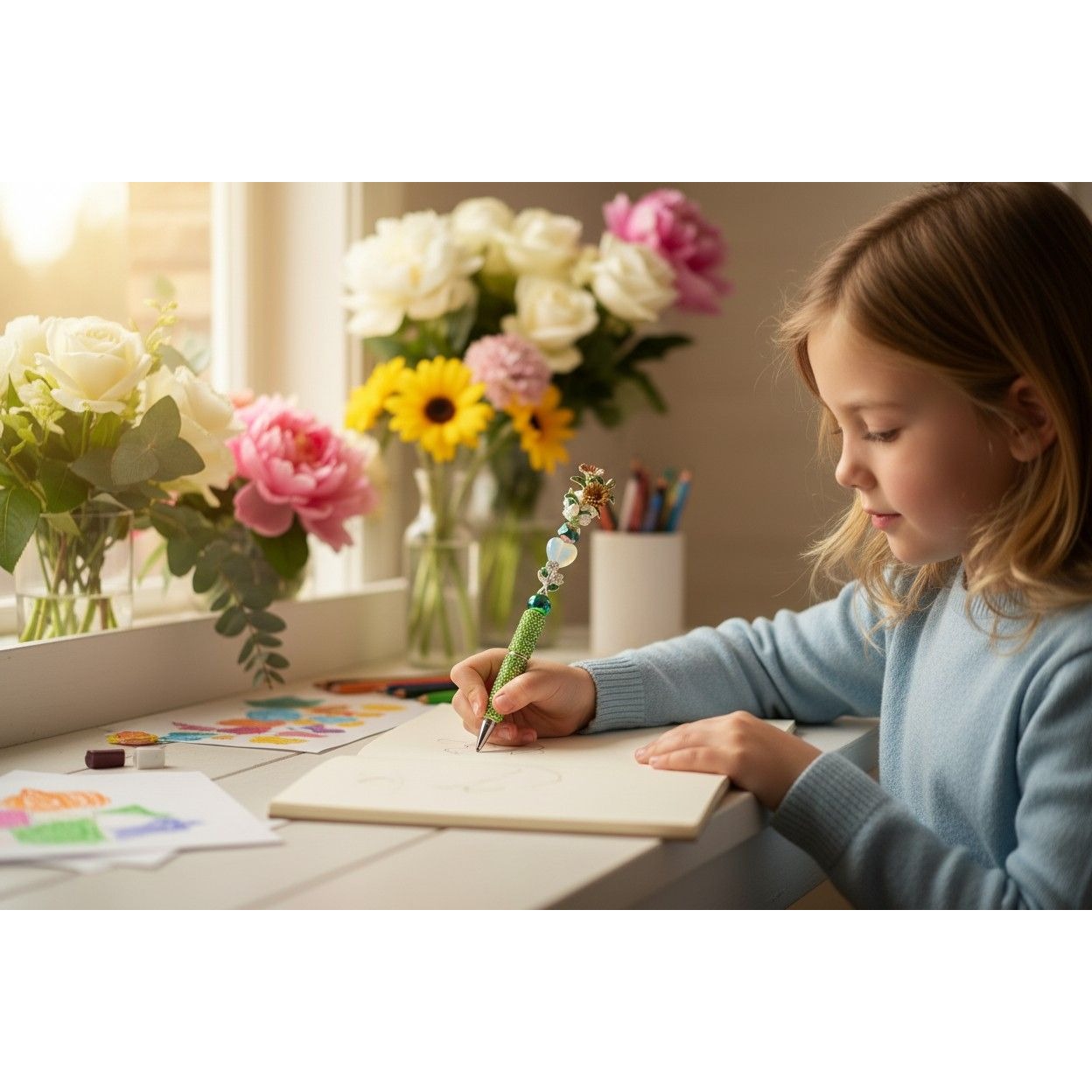 Floral-Inspired Decorative Ballpoint Pen With Rhinestones & Beaded Design Green & Gold Unique Writing Accessory