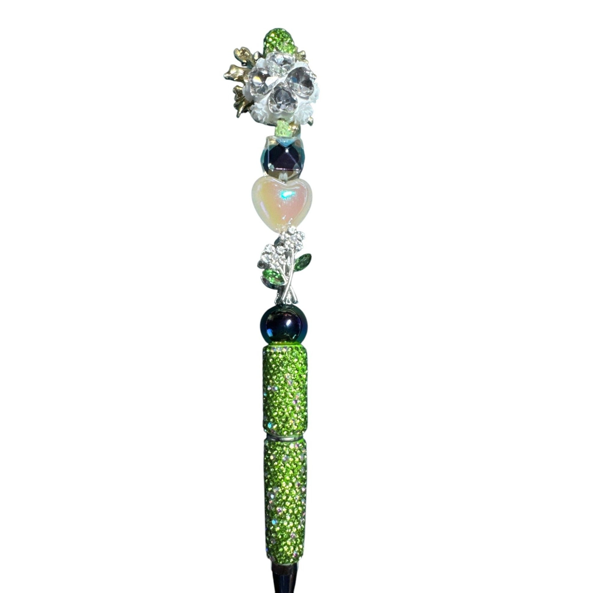 Floral-Inspired Decorative Ballpoint Pen With Rhinestones & Beaded Design Green & Gold Unique Writing Accessory