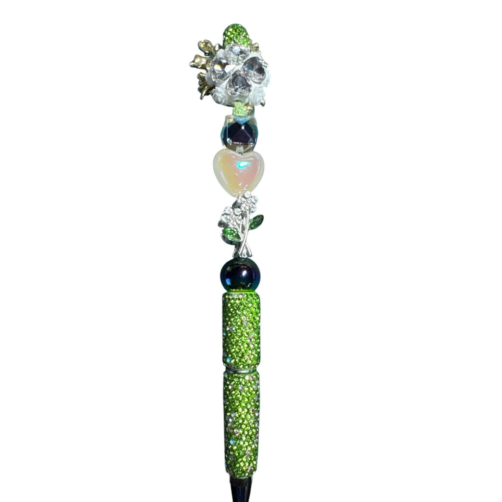 Floral-Inspired Decorative Ballpoint Pen With Rhinestones & Beaded Design Green & Gold Unique Writing Accessory