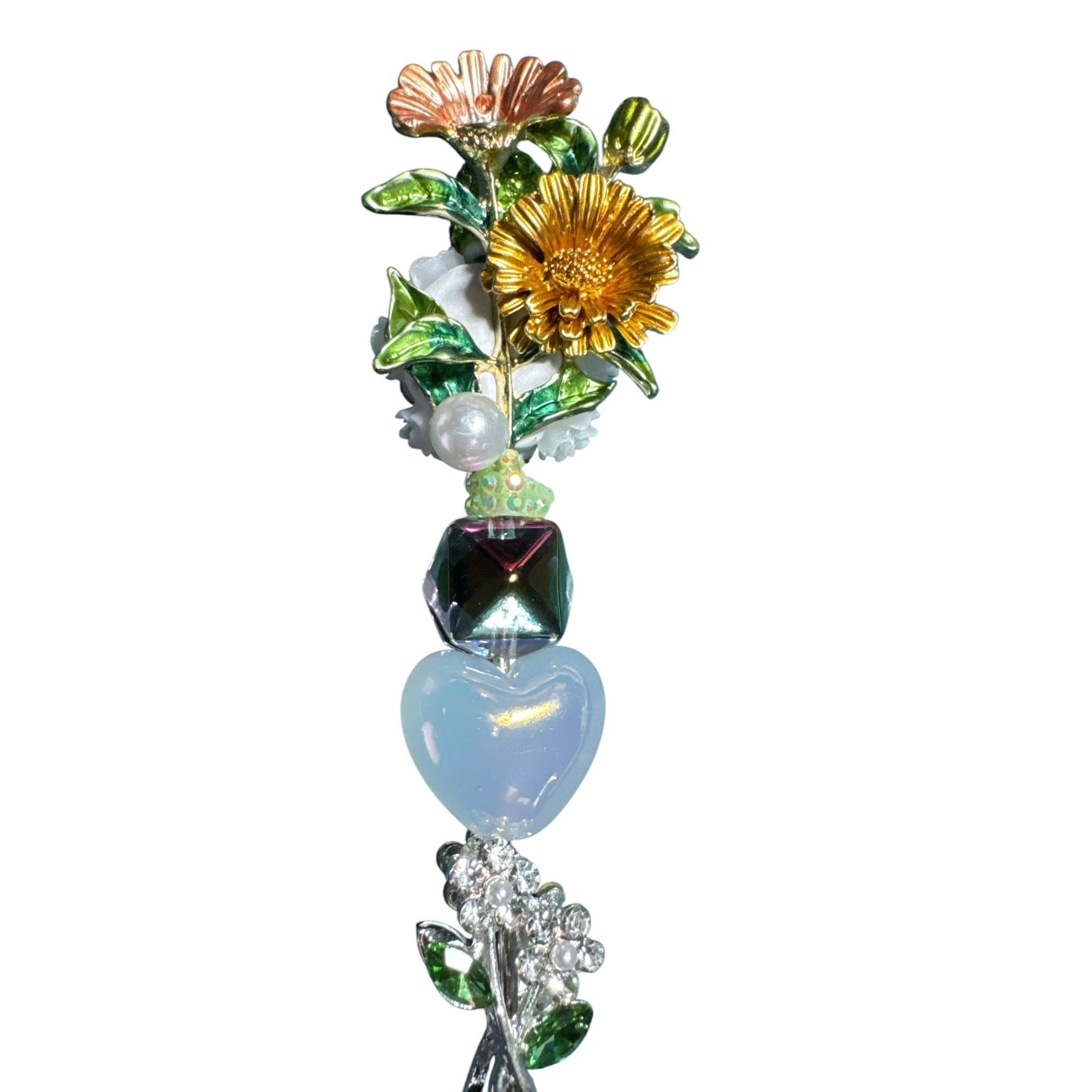 Floral-Inspired Decorative Ballpoint Pen With Rhinestones & Beaded Design Green & Gold Unique Writing Accessory