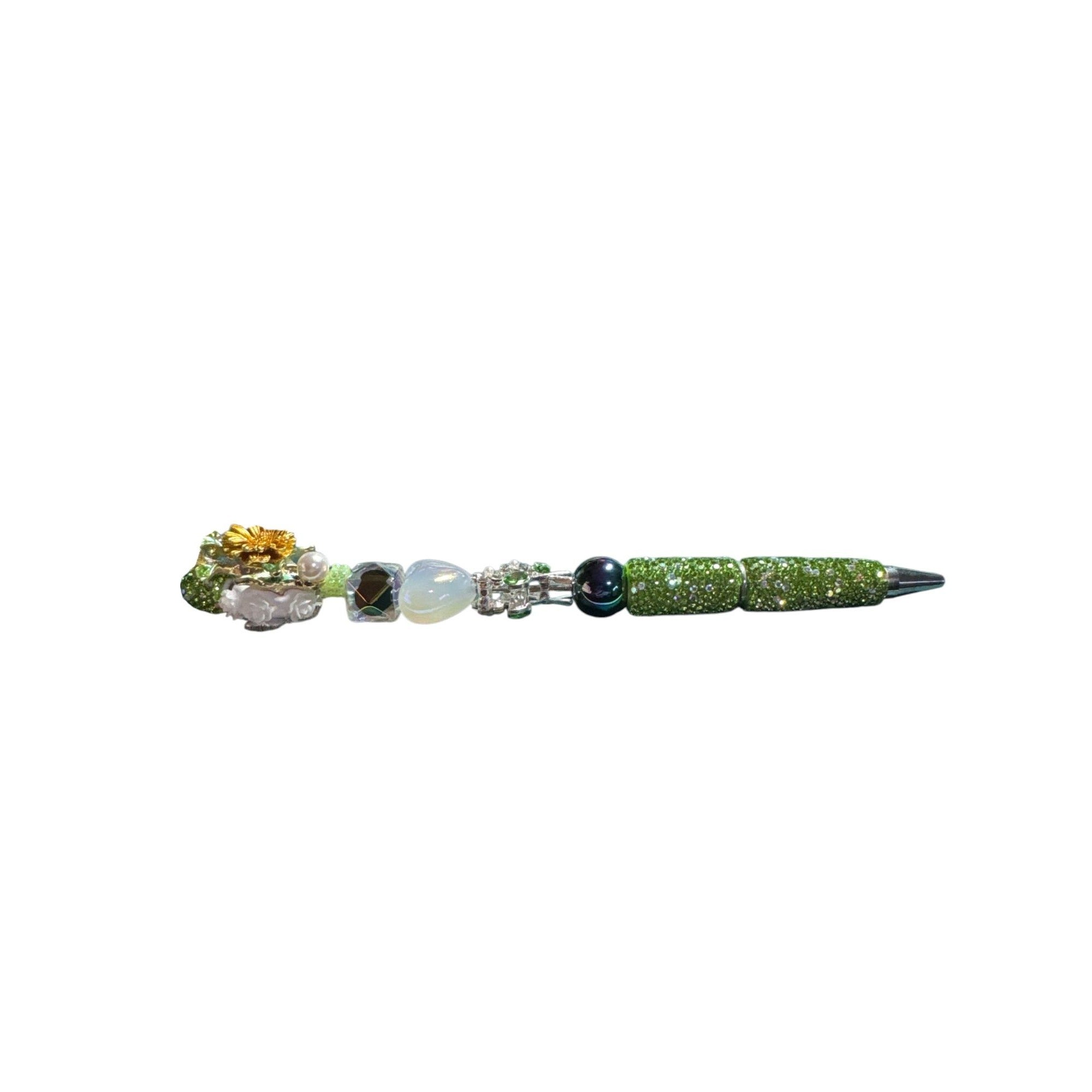 Floral-Inspired Decorative Ballpoint Pen With Rhinestones & Beaded Design Green & Gold Unique Writing Accessory