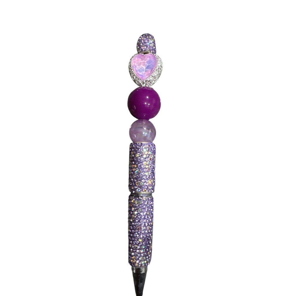 Sparkly Purple Beaded Pen With Heart-Shaped Gemstone Accent Ideal For Writing Journaling & Gift-Giving
