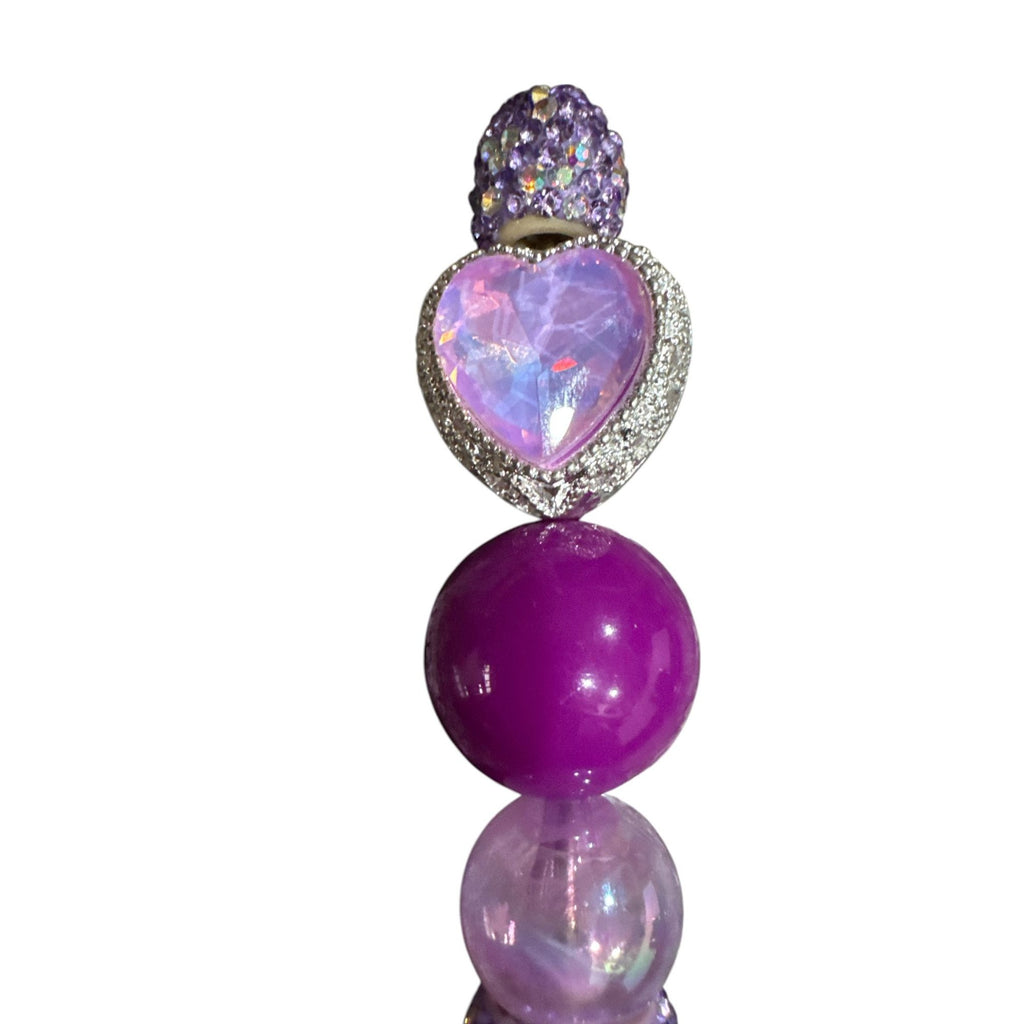 Sparkly Purple Beaded Pen With Heart-Shaped Gemstone Accent Ideal For Writing Journaling & Gift-Giving
