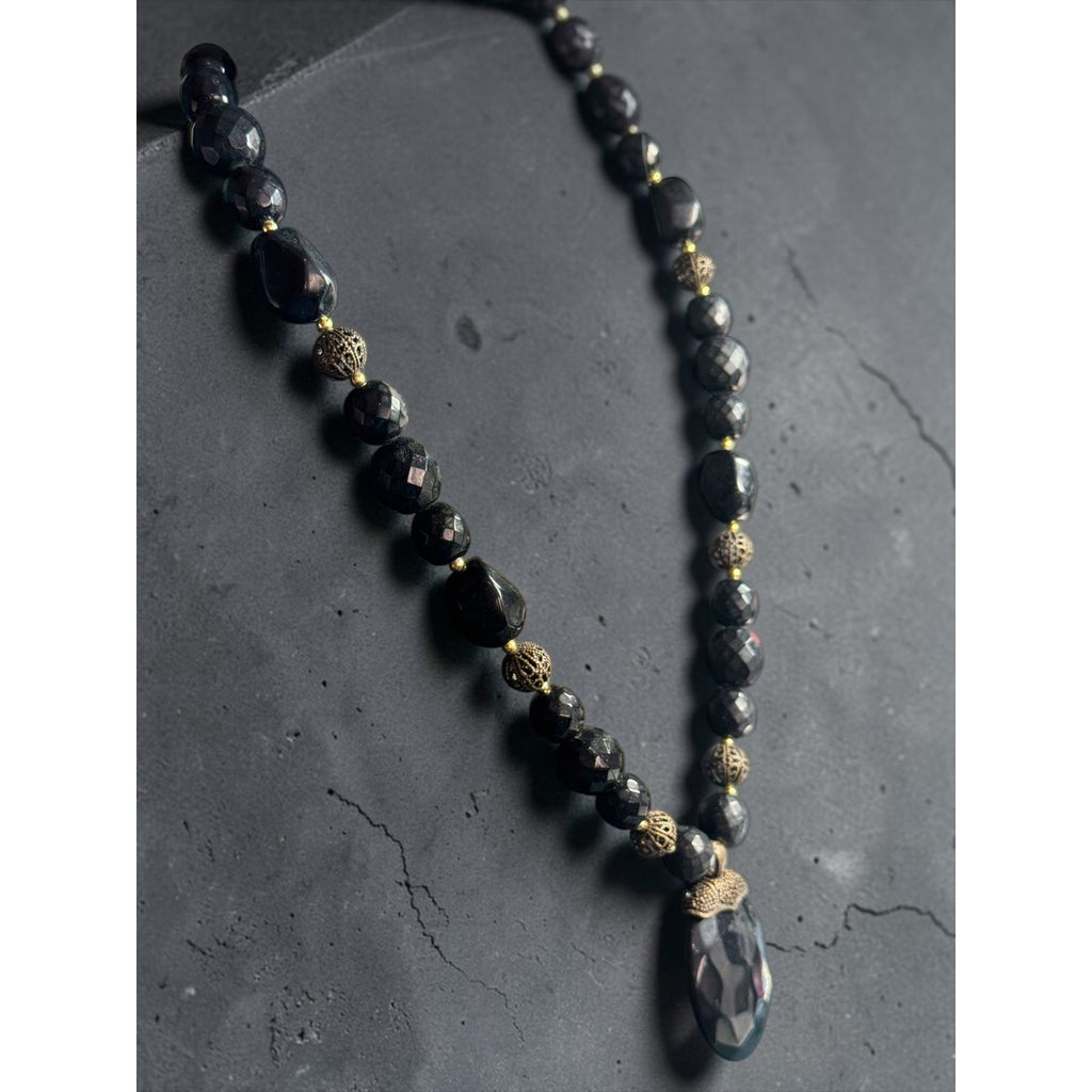 Black Beaded Necklace With Faceted Pendant & Metal Accents