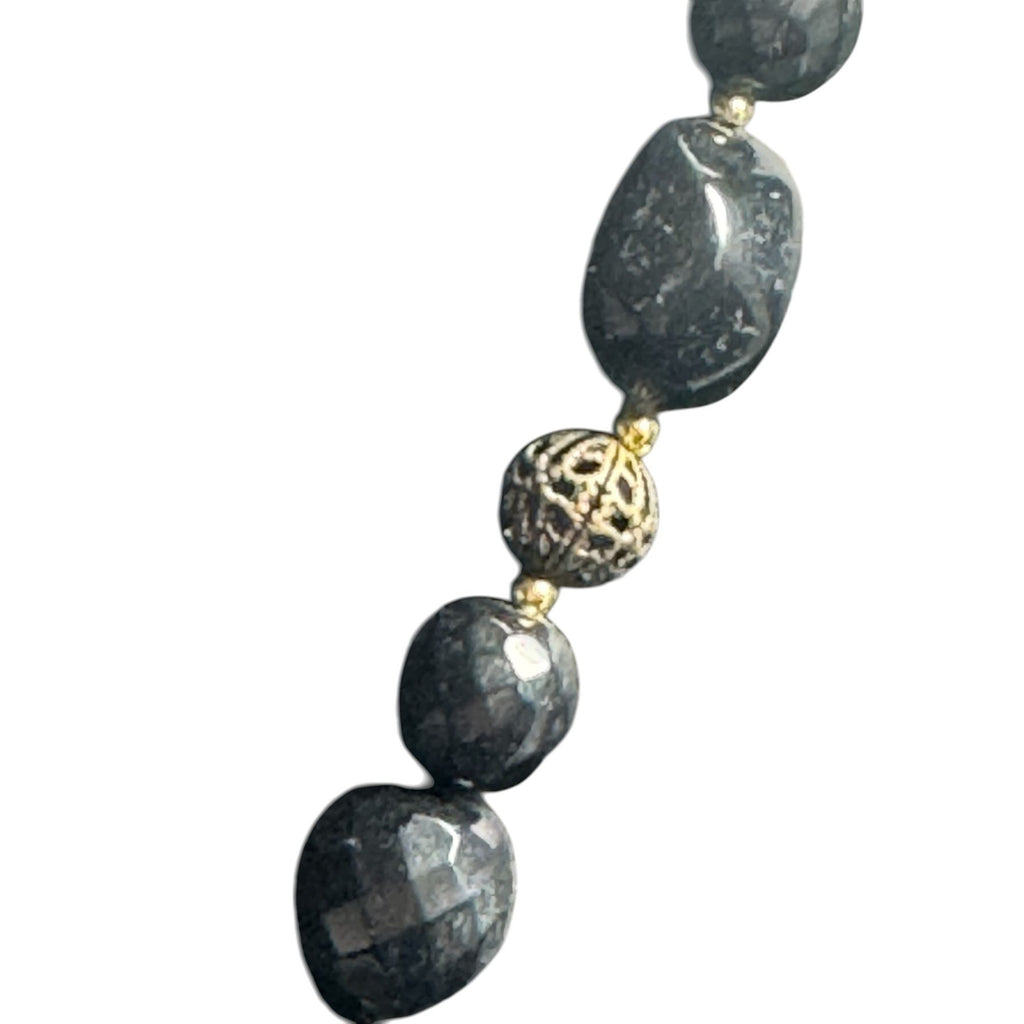 Black Beaded Necklace With Faceted Pendant & Metal Accents