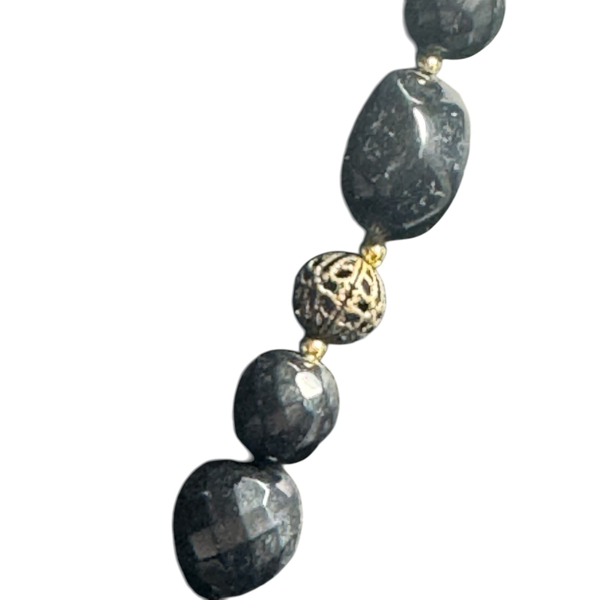 Black Beaded Necklace With Faceted Pendant & Metal Accents