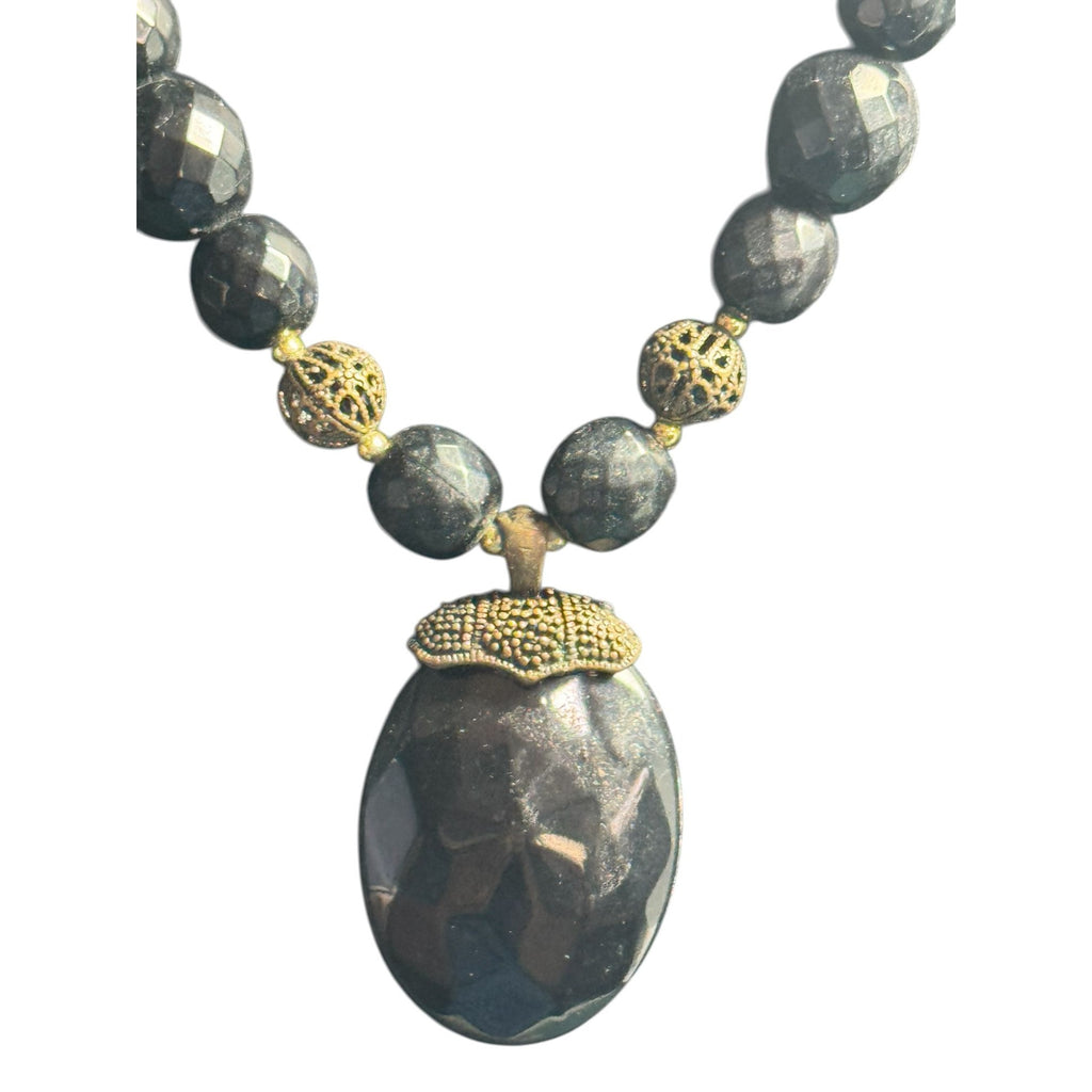 Black Beaded Necklace With Faceted Pendant & Metal Accents