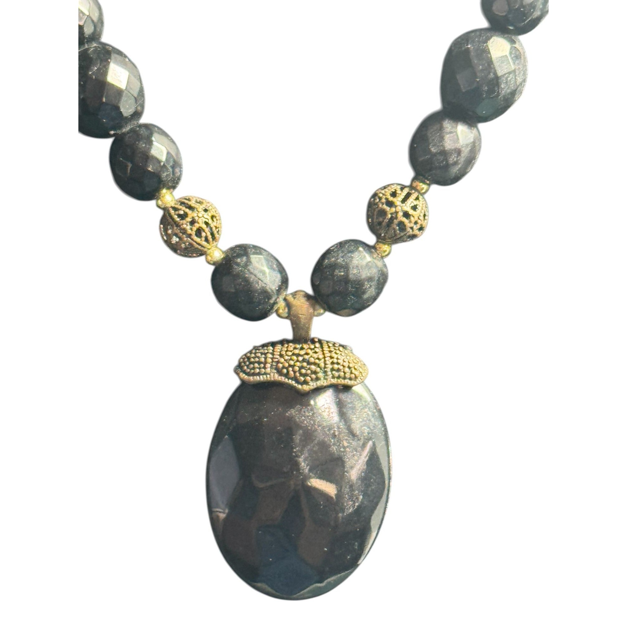 Black Beaded Necklace With Faceted Pendant & Metal Accents