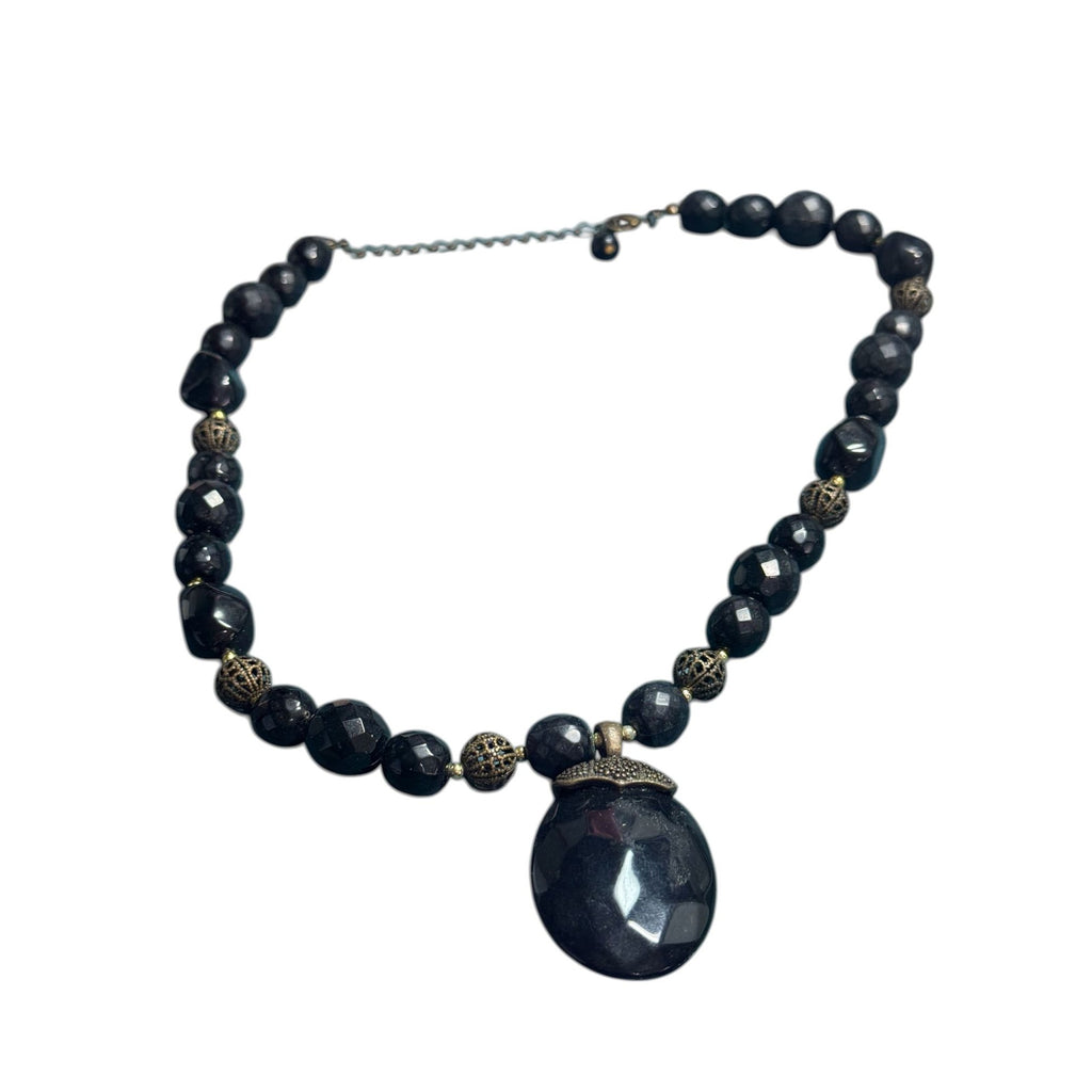 Black Beaded Necklace With Faceted Pendant & Metal Accents