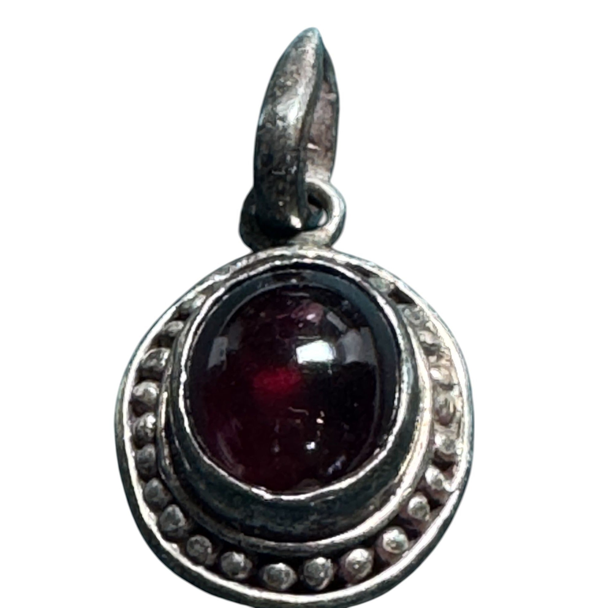 Sterling Silver 925 Garnet Pendant Small Round Cabochon Red Stone Beaded Border Vintage Style