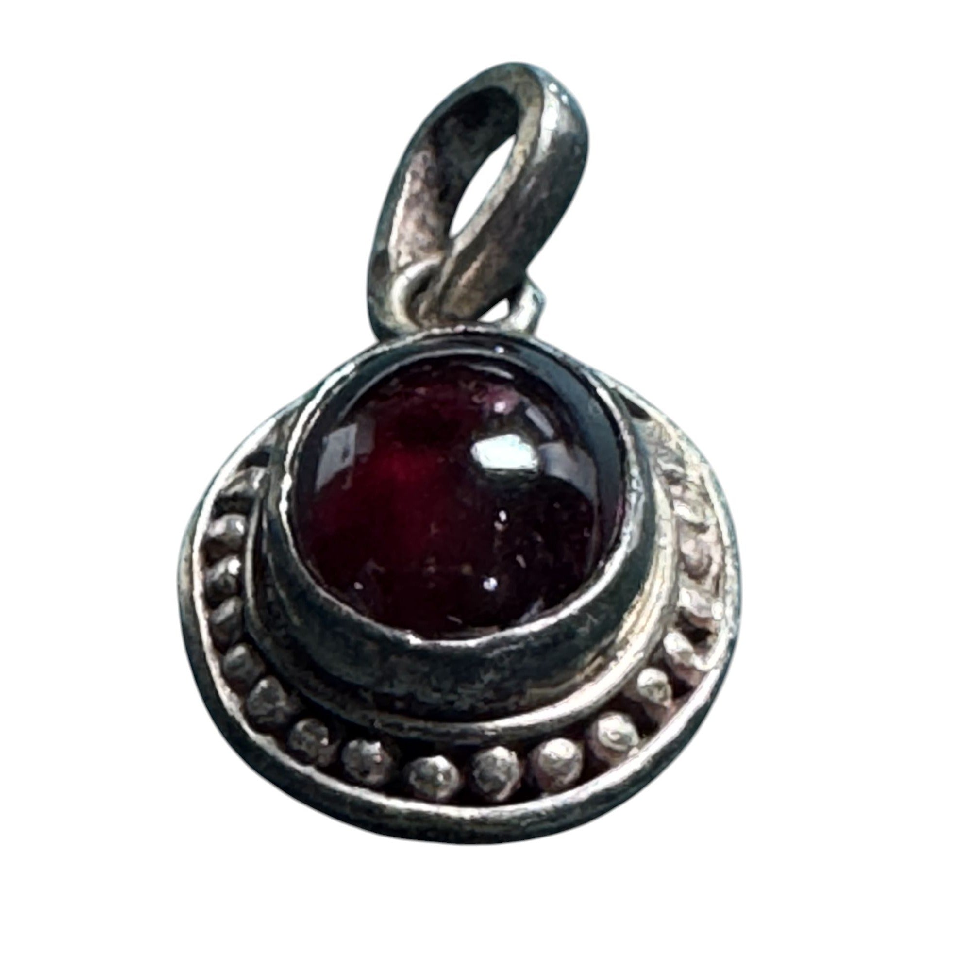 Sterling Silver 925 Garnet Pendant Small Round Cabochon Red Stone Beaded Border Vintage Style