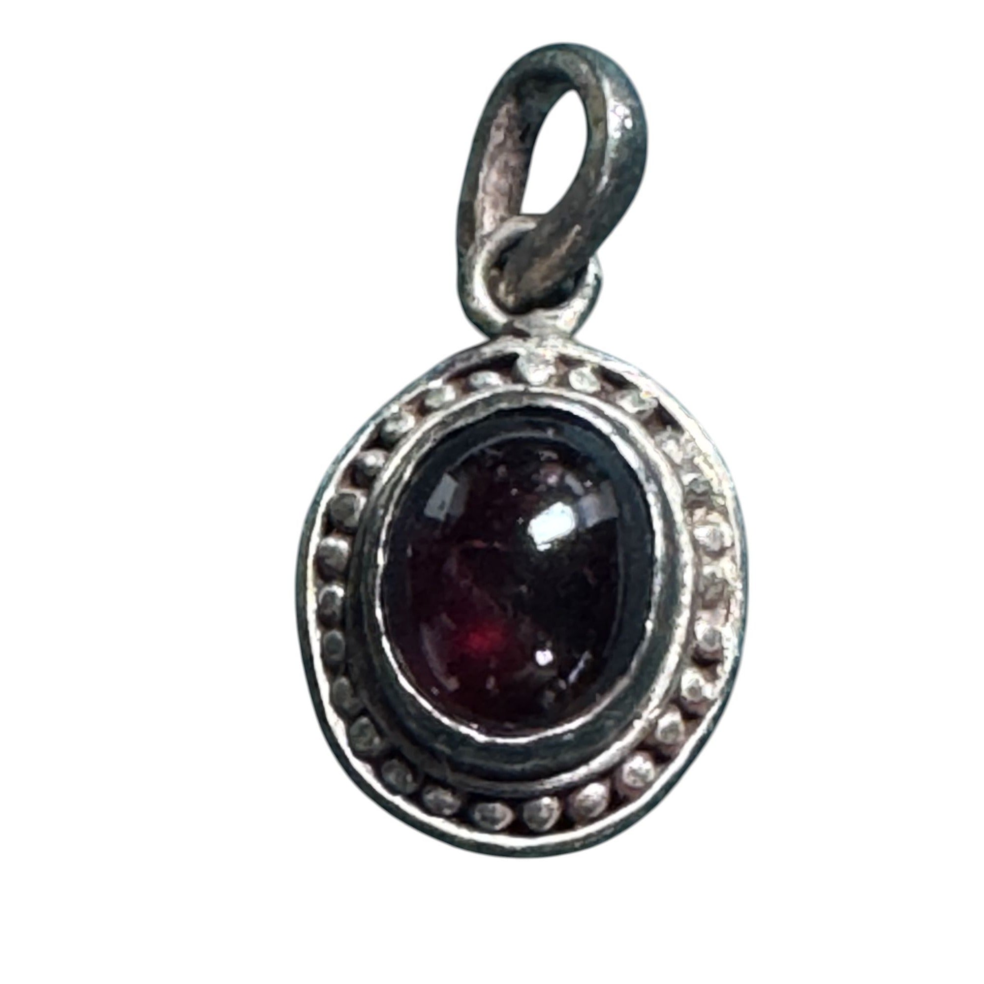 Sterling Silver 925 Garnet Pendant Small Round Cabochon Red Stone Beaded Border Vintage Style