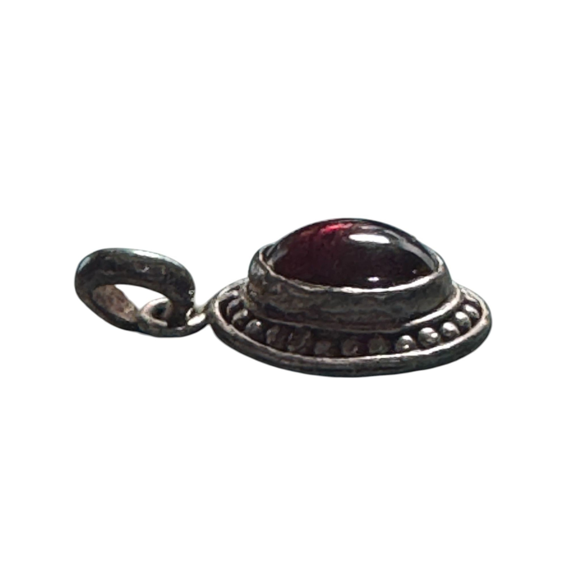 Sterling Silver 925 Garnet Pendant Small Round Cabochon Red Stone Beaded Border Vintage Style
