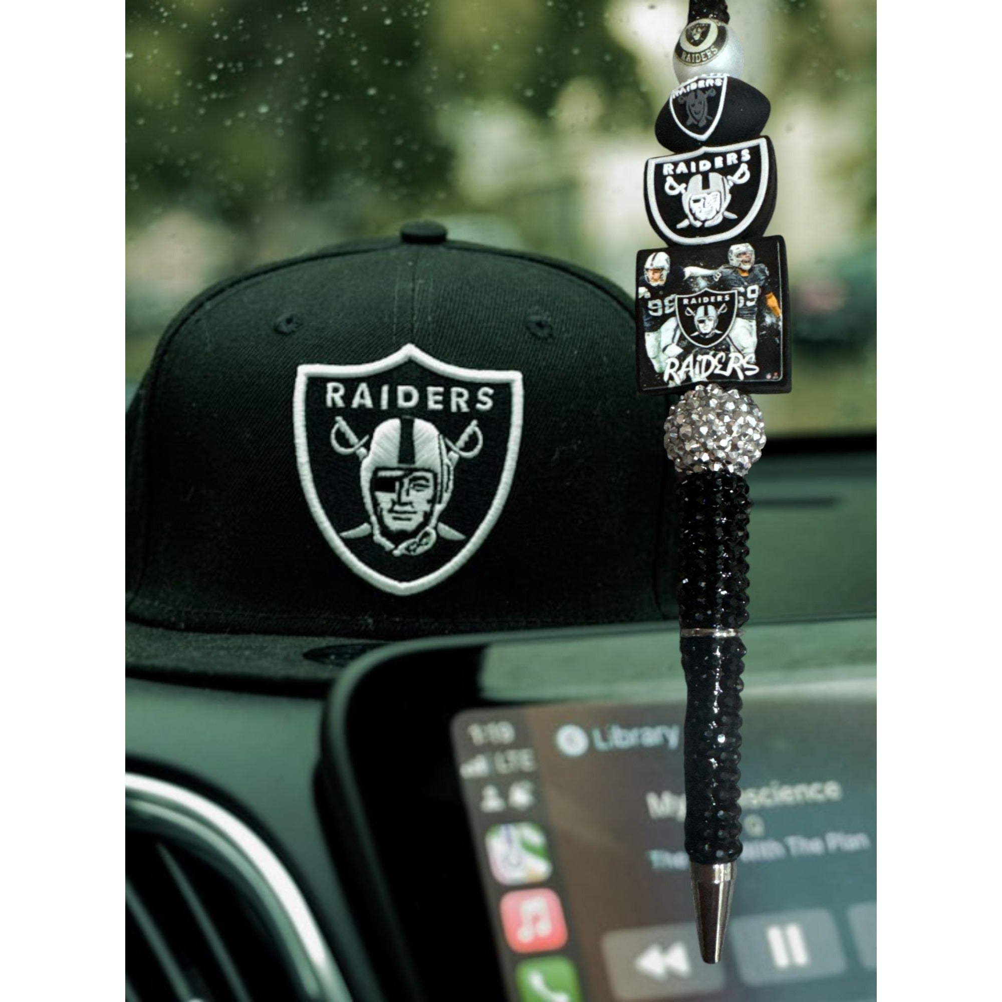 Raiders-Themed Decorative Hanging Pen With Black Rhinestone Handle And Team Logos Ideal For Fans Or Office Decor