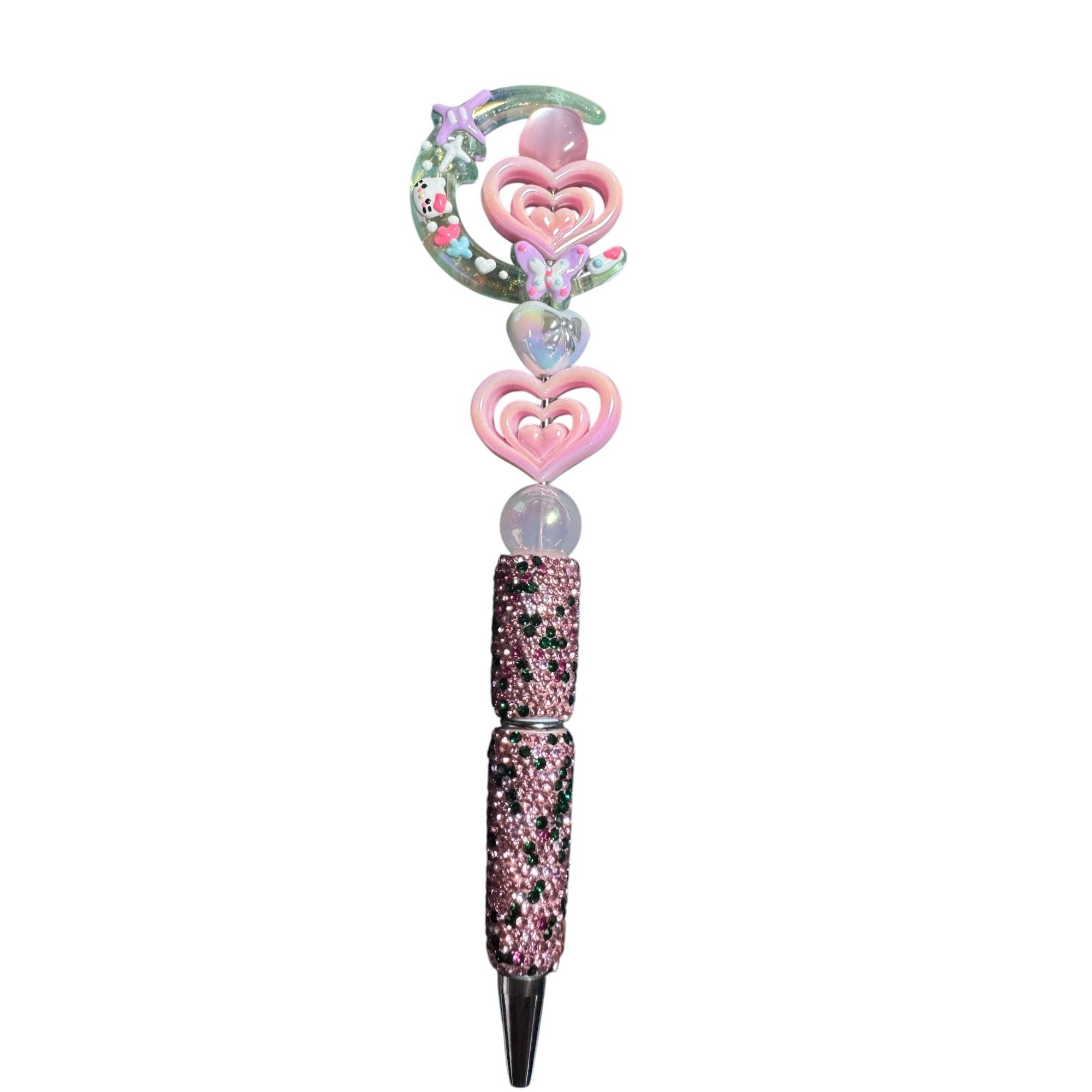 Crystal Moon & Heart Decorative Ballpoint Pen With Rhinestone Handle And Pastel Accents