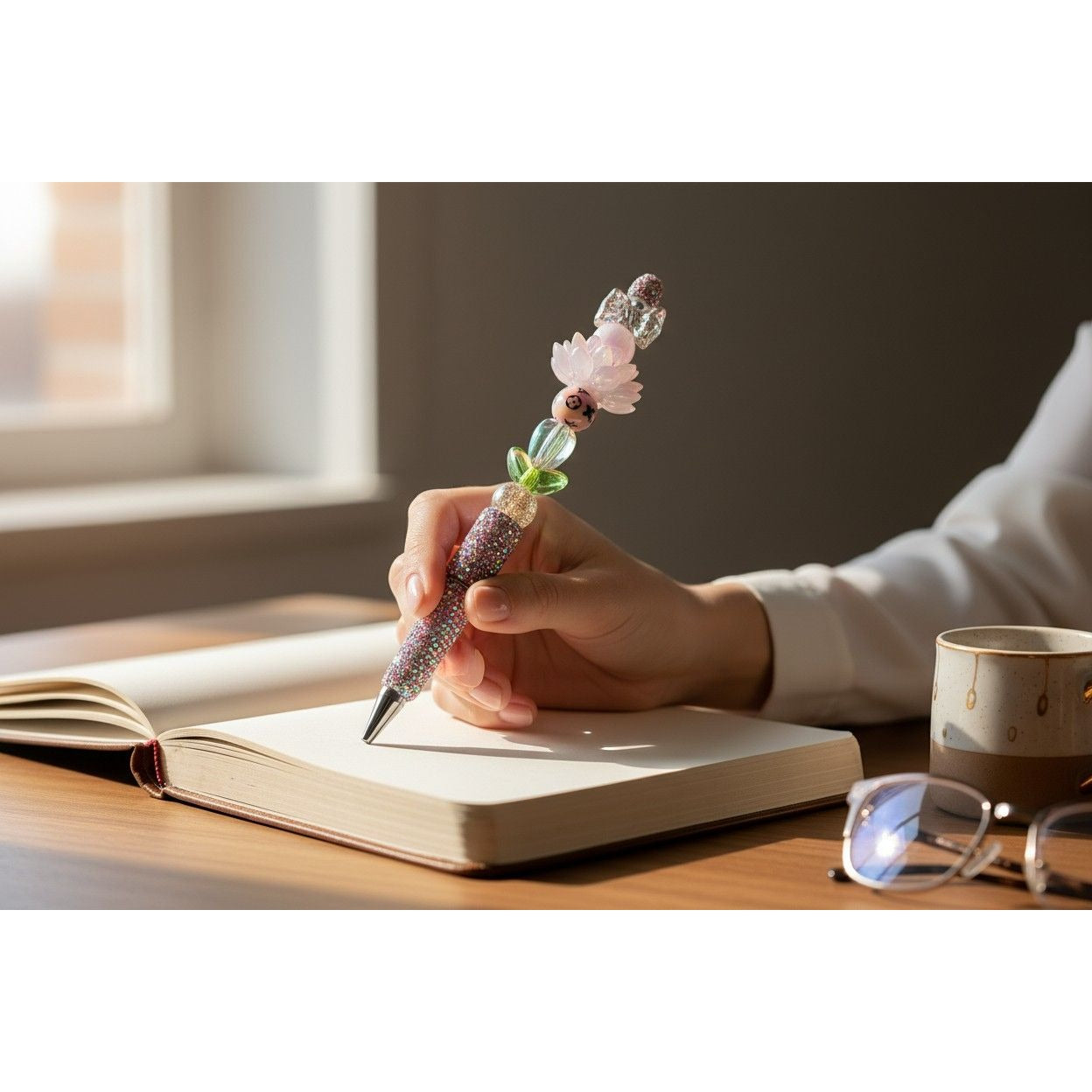 Elegant Crystal Beaded Ballpoint Pen With Decorative Lotus Design & Rhinestones Perfect For Writing Or Gifting