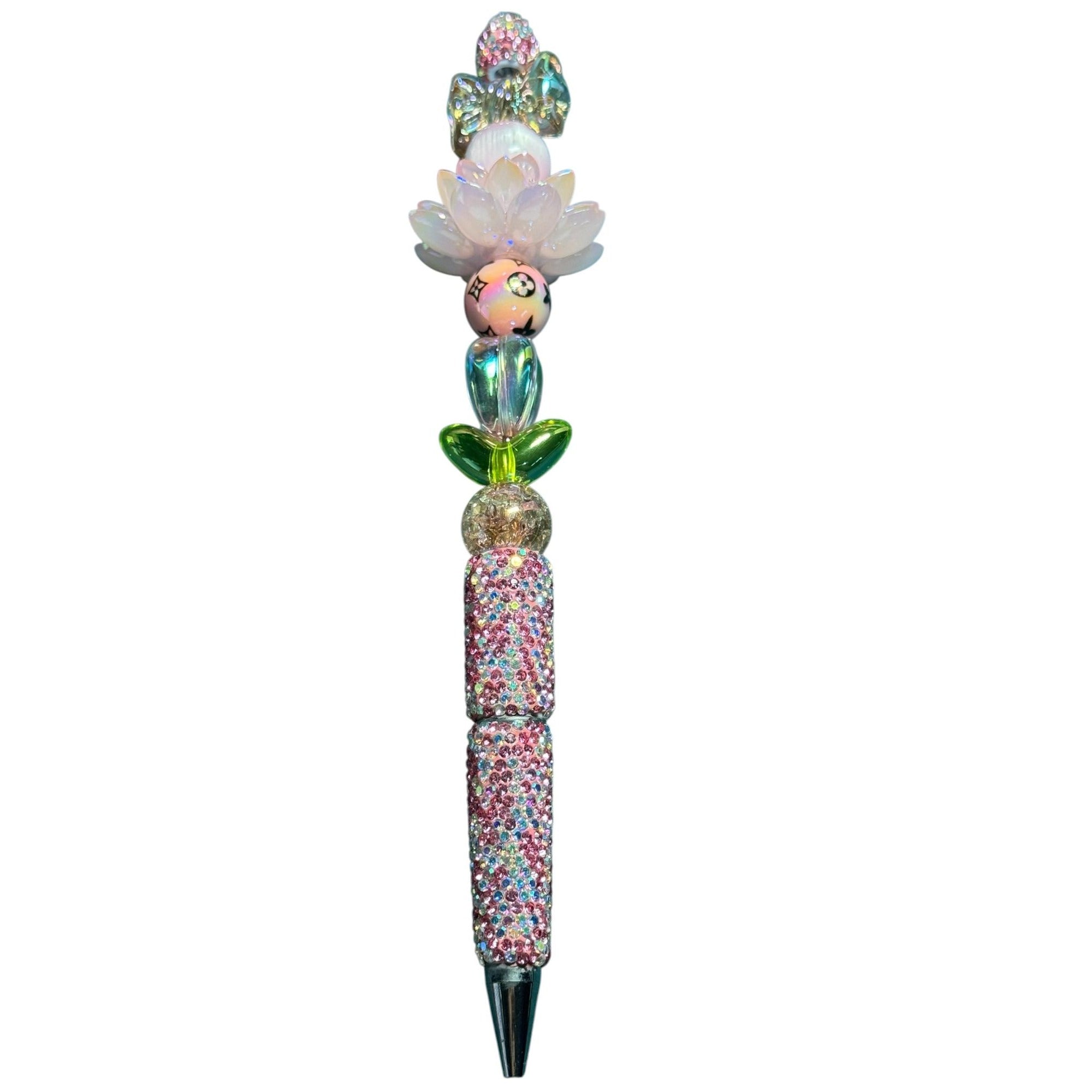 Elegant Crystal Beaded Ballpoint Pen With Decorative Lotus Design & Rhinestones Perfect For Writing Or Gifting