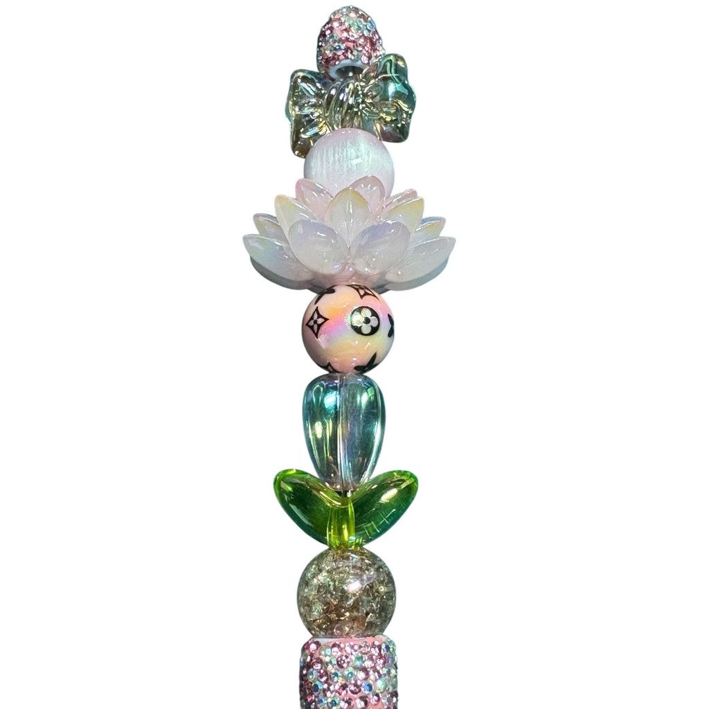 Elegant Crystal Beaded Ballpoint Pen With Decorative Lotus Design & Rhinestones Perfect For Writing Or Gifting