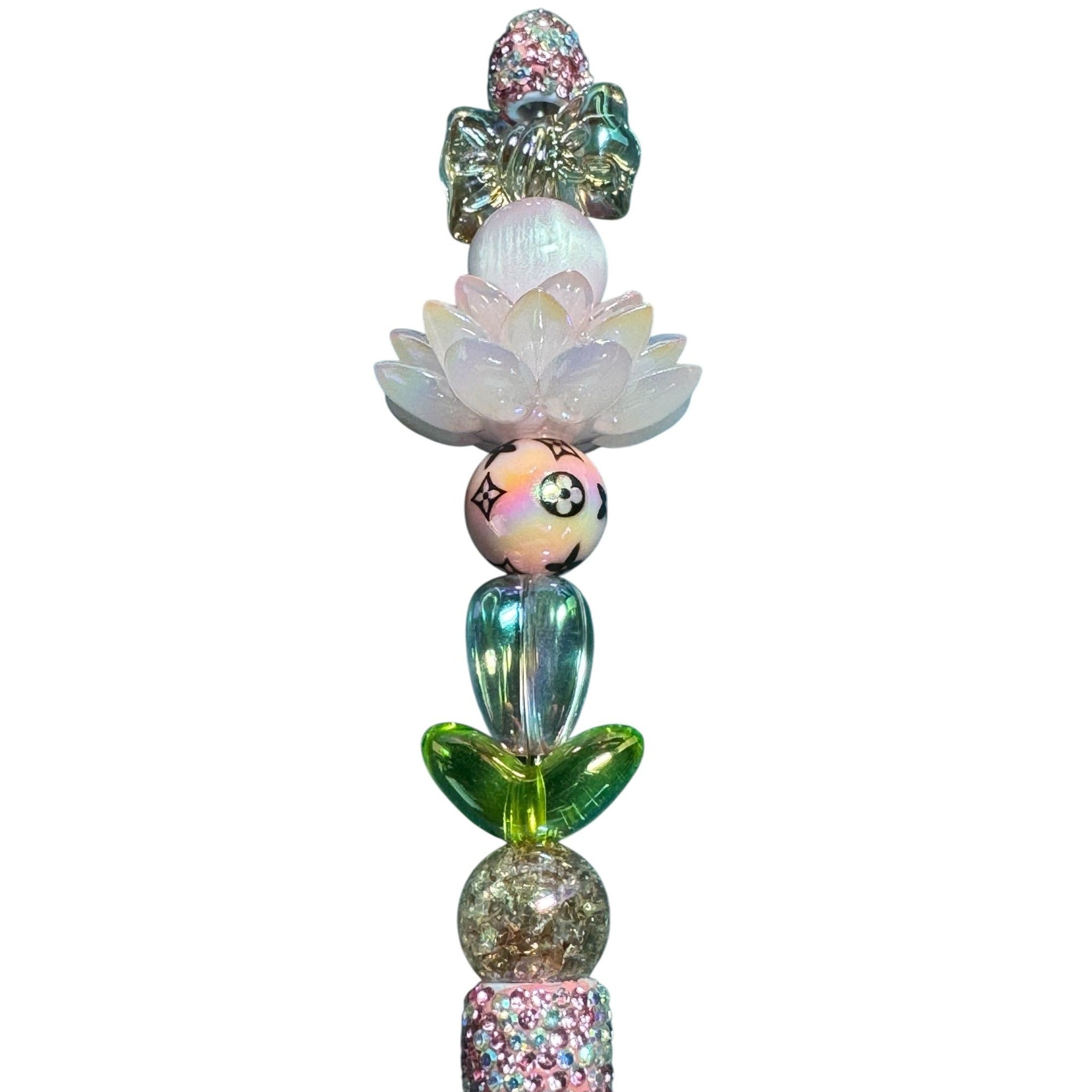 Elegant Crystal Beaded Ballpoint Pen With Decorative Lotus Design & Rhinestones Perfect For Writing Or Gifting