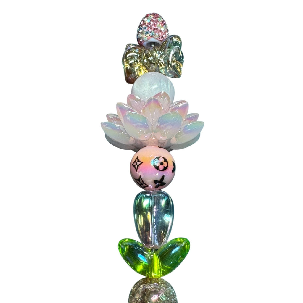 Elegant Crystal Beaded Ballpoint Pen With Decorative Lotus Design & Rhinestones Perfect For Writing Or Gifting