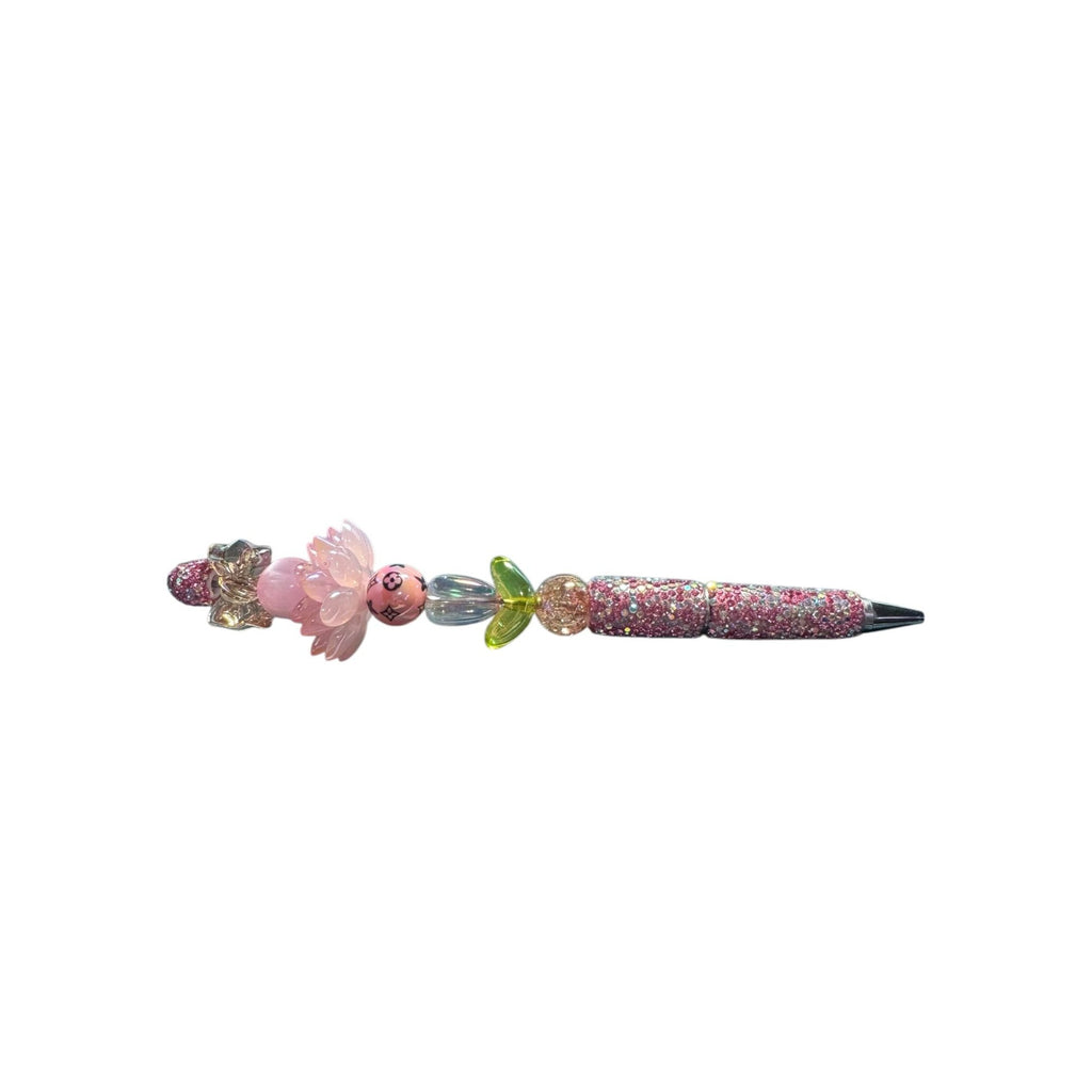 Elegant Crystal Beaded Ballpoint Pen With Decorative Lotus Design & Rhinestones Perfect For Writing Or Gifting