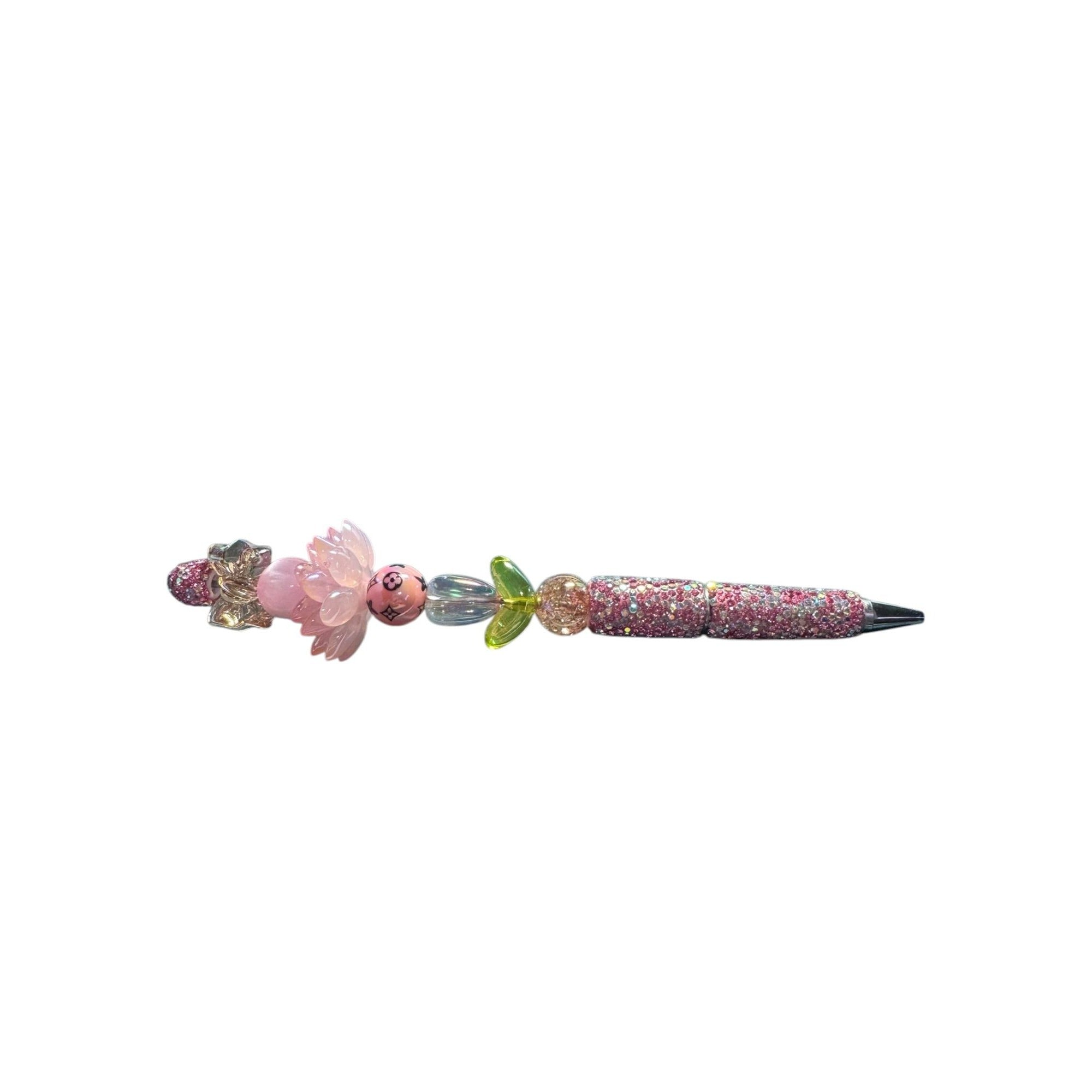 Elegant Crystal Beaded Ballpoint Pen With Decorative Lotus Design & Rhinestones Perfect For Writing Or Gifting