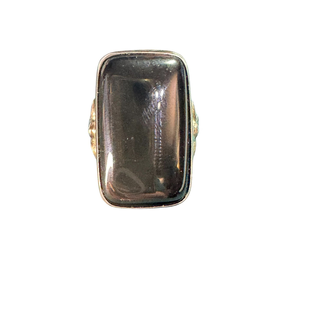 Sterling Silver Black Onyx Style Ring • Rectangular Stone • Ornate Fleur Scroll Design