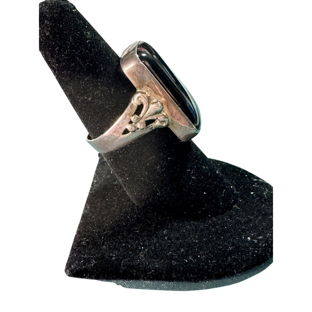 Sterling Silver Black Onyx Style Ring • Rectangular Stone • Ornate Fleur Scroll Design