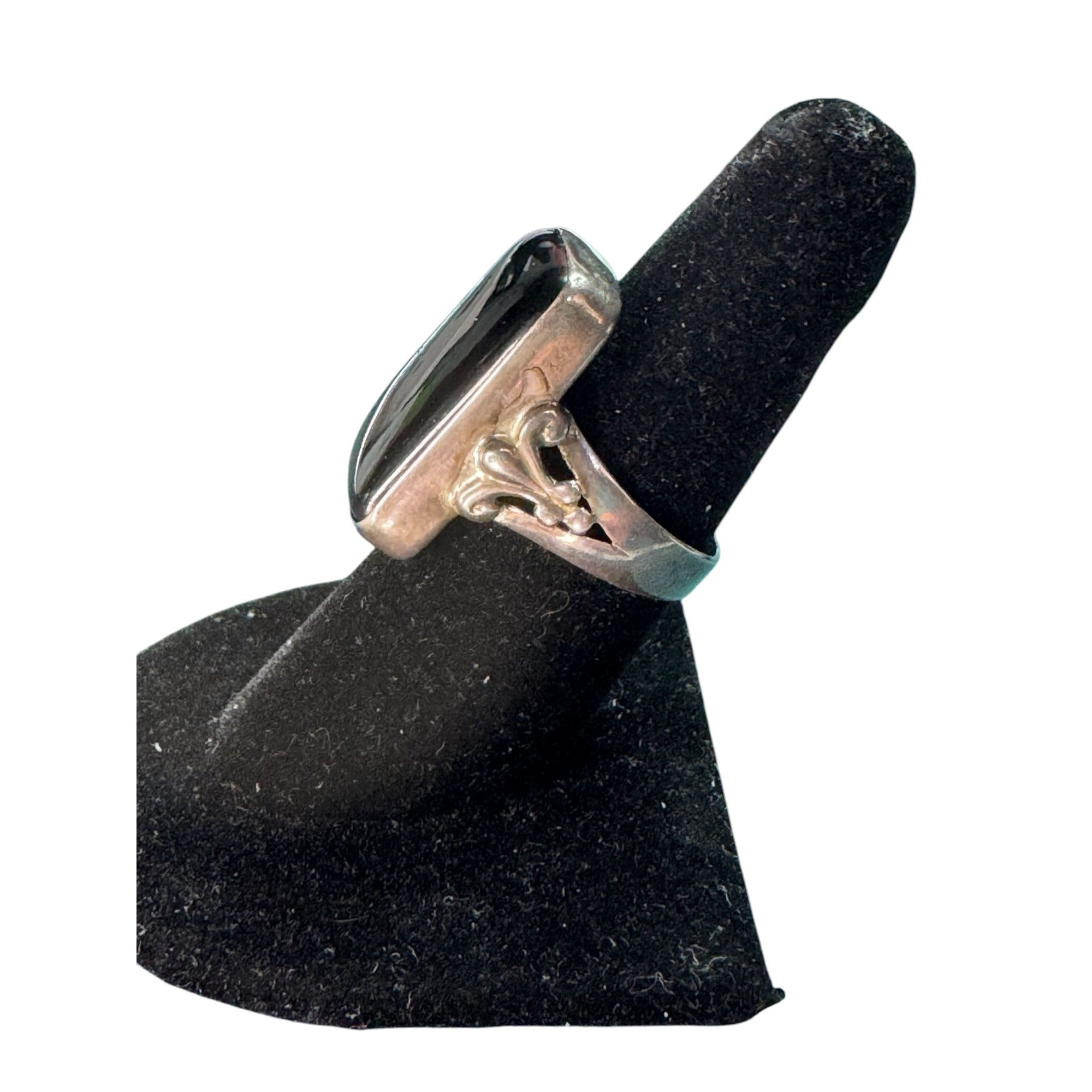 Sterling Silver Black Onyx Style Ring • Rectangular Stone • Ornate Fleur Scroll Design
