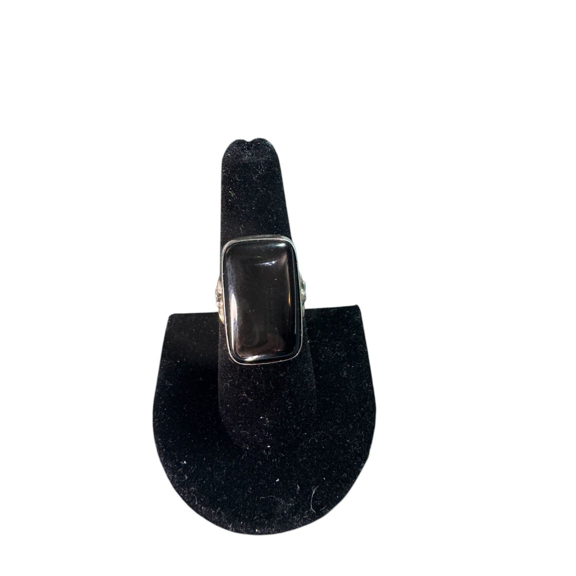 Sterling Silver Black Onyx Style Ring • Rectangular Stone • Ornate Fleur Scroll Design