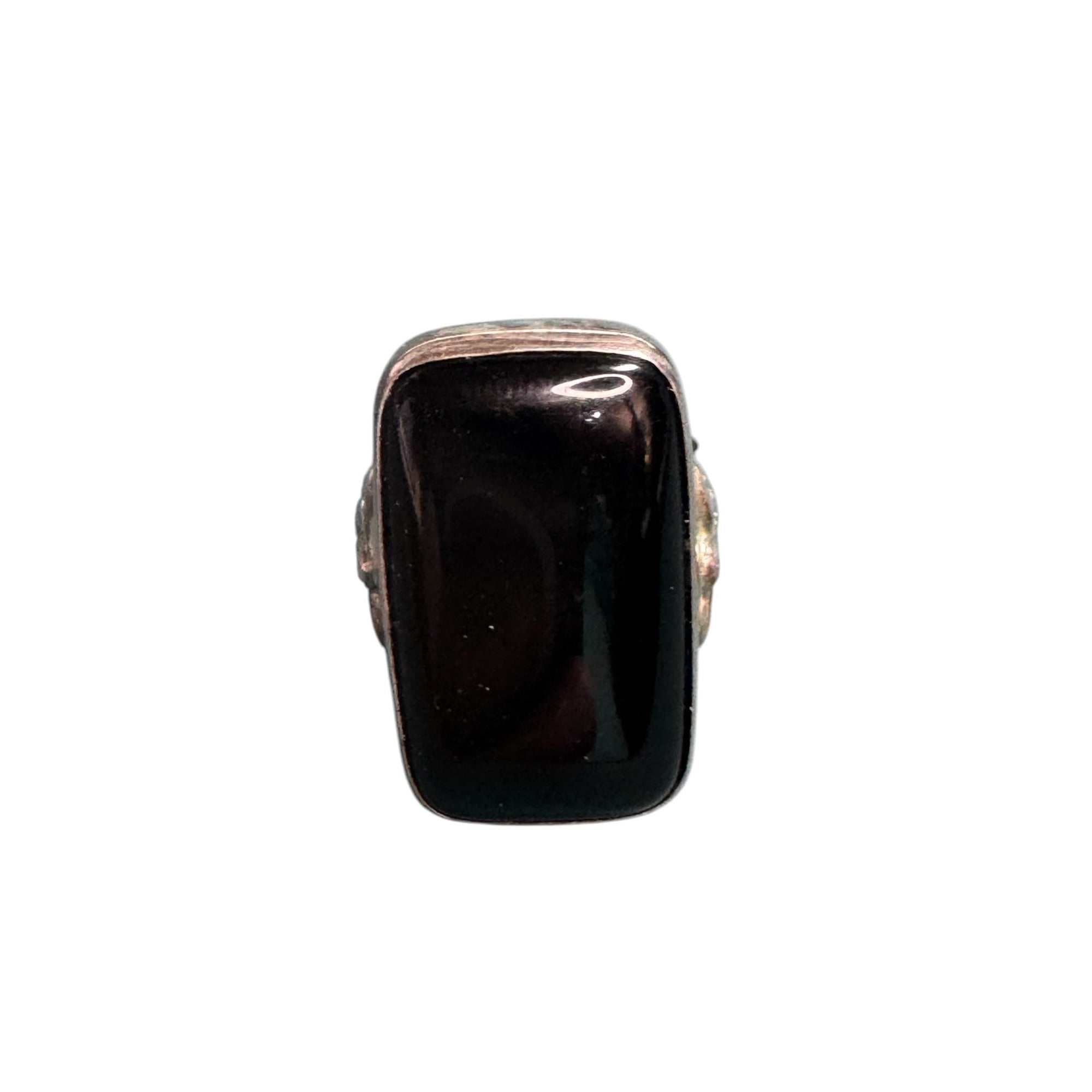 Sterling Silver Black Onyx Style Ring • Rectangular Stone • Ornate Fleur Scroll Design