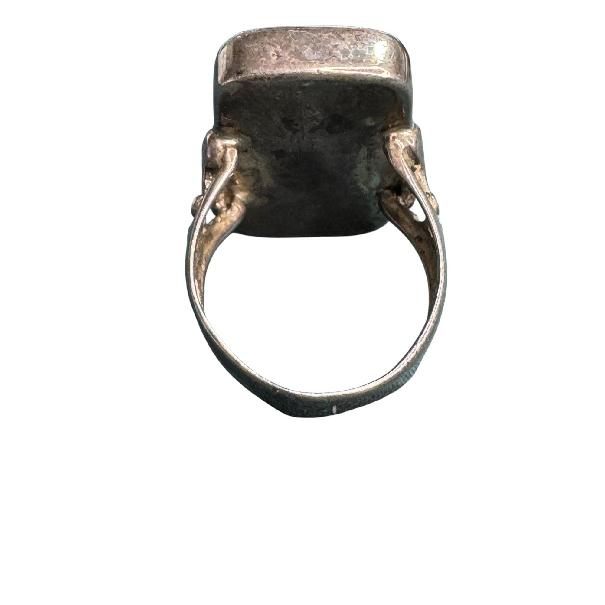 Sterling Silver Black Onyx Style Ring • Rectangular Stone • Ornate Fleur Scroll Design