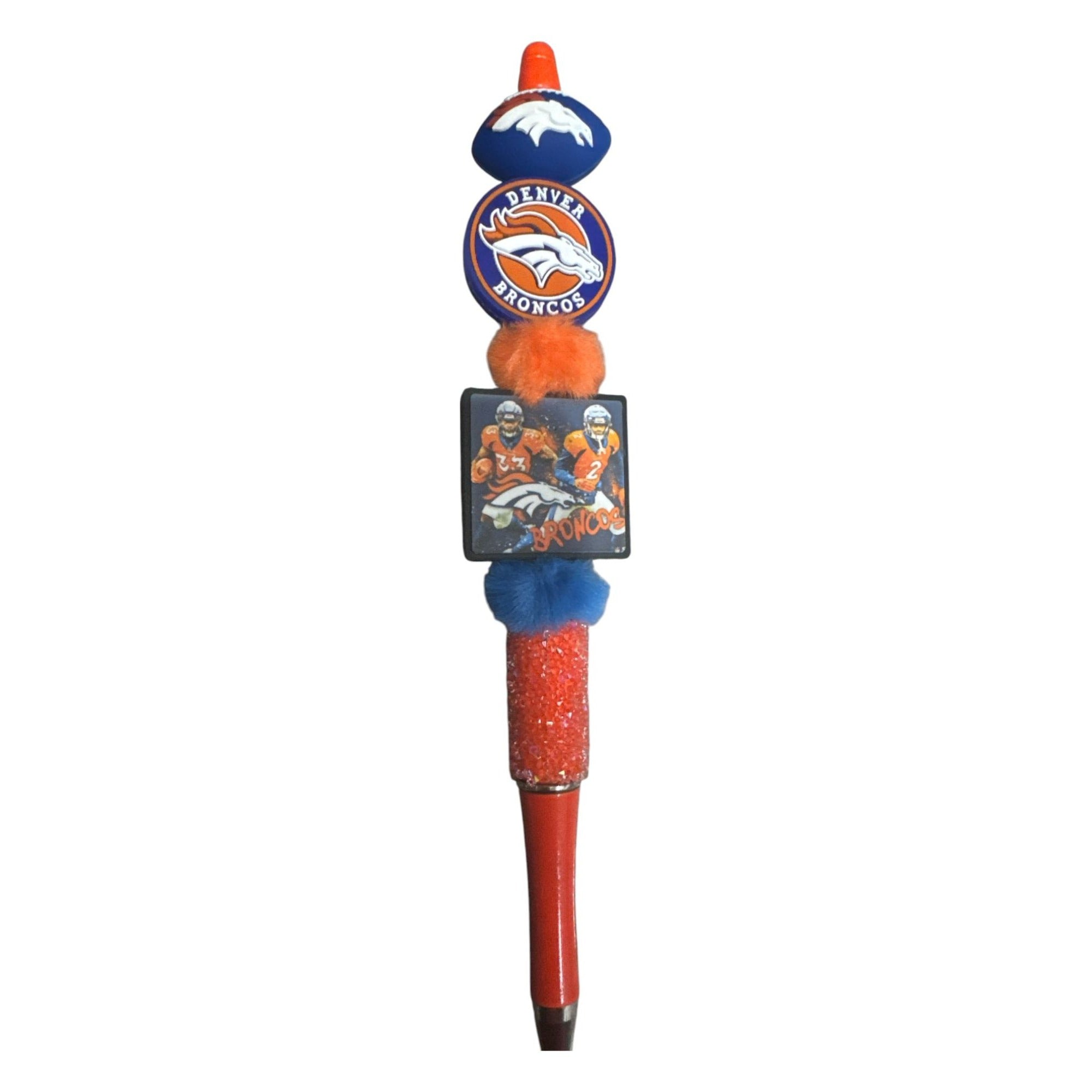 Denver Broncos Themed Decorative Pen With Team Logos Football Topper & Plush Accents Orange & Blue Colors