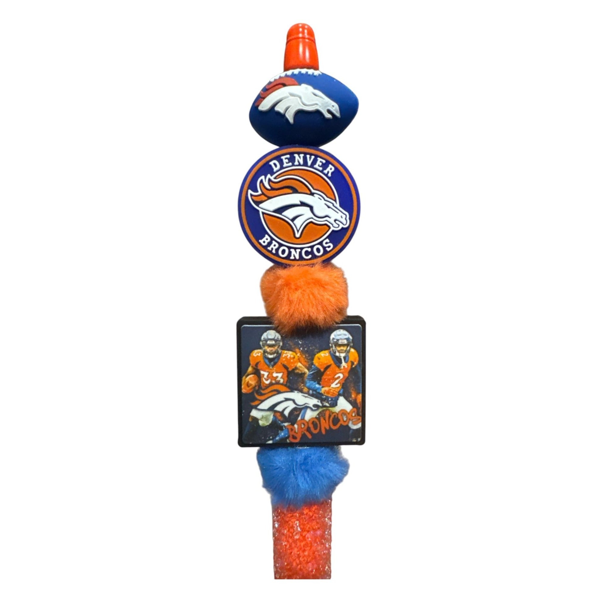 Denver Broncos Themed Decorative Pen With Team Logos Football Topper & Plush Accents Orange & Blue Colors