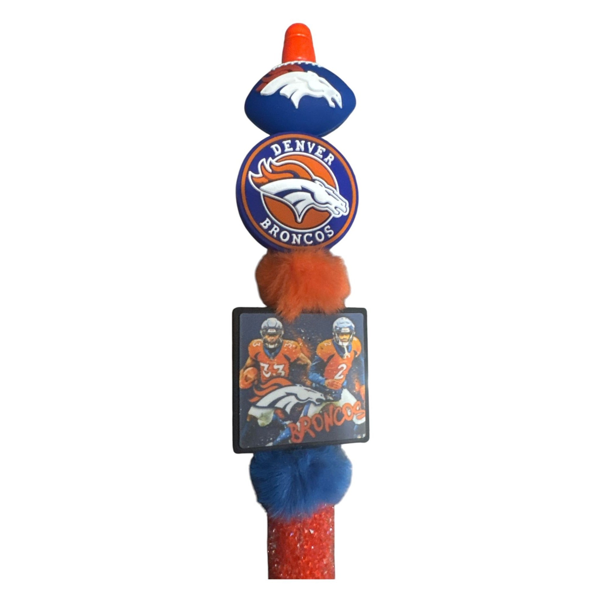 Denver Broncos Themed Decorative Pen With Team Logos Football Topper & Plush Accents Orange & Blue Colors