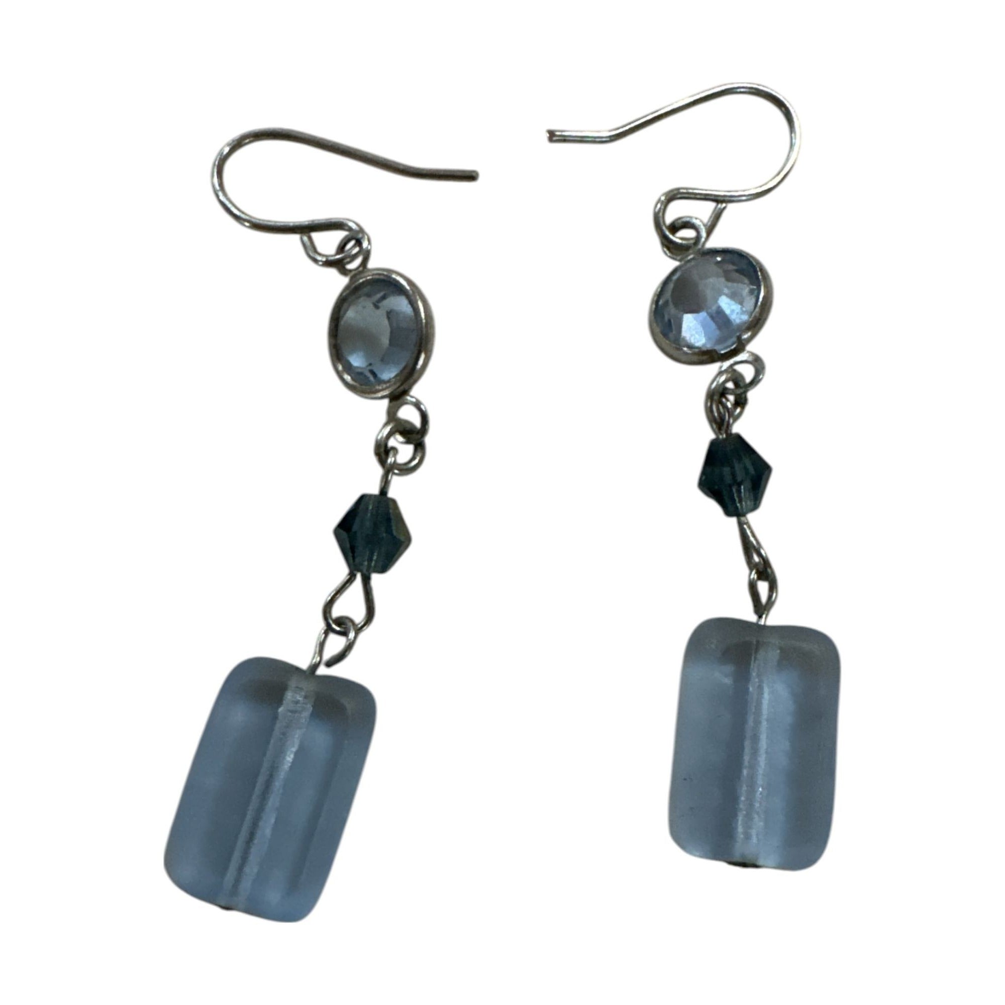 Blue Glass Drop Earrings With Faceted Crystal Accents On Silver Hooks
