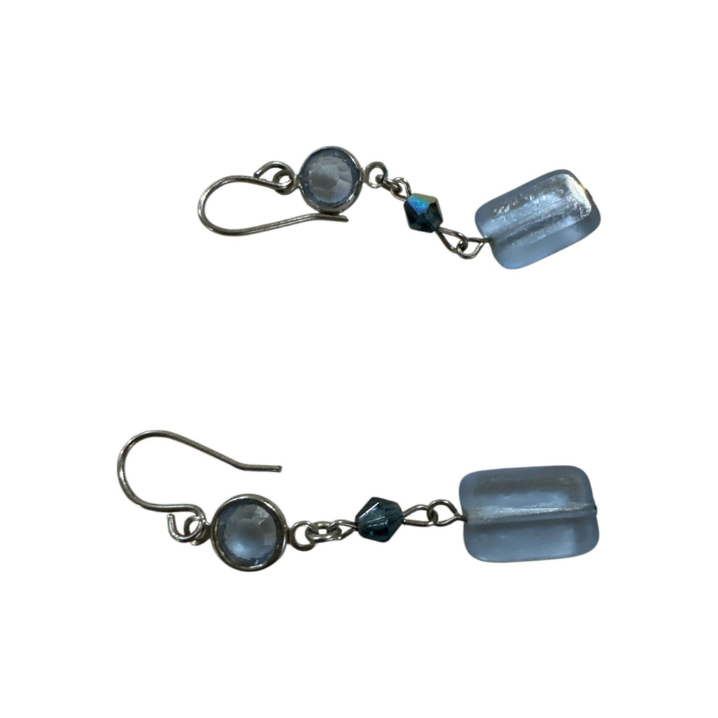 Blue Glass Drop Earrings With Faceted Crystal Accents On Silver Hooks