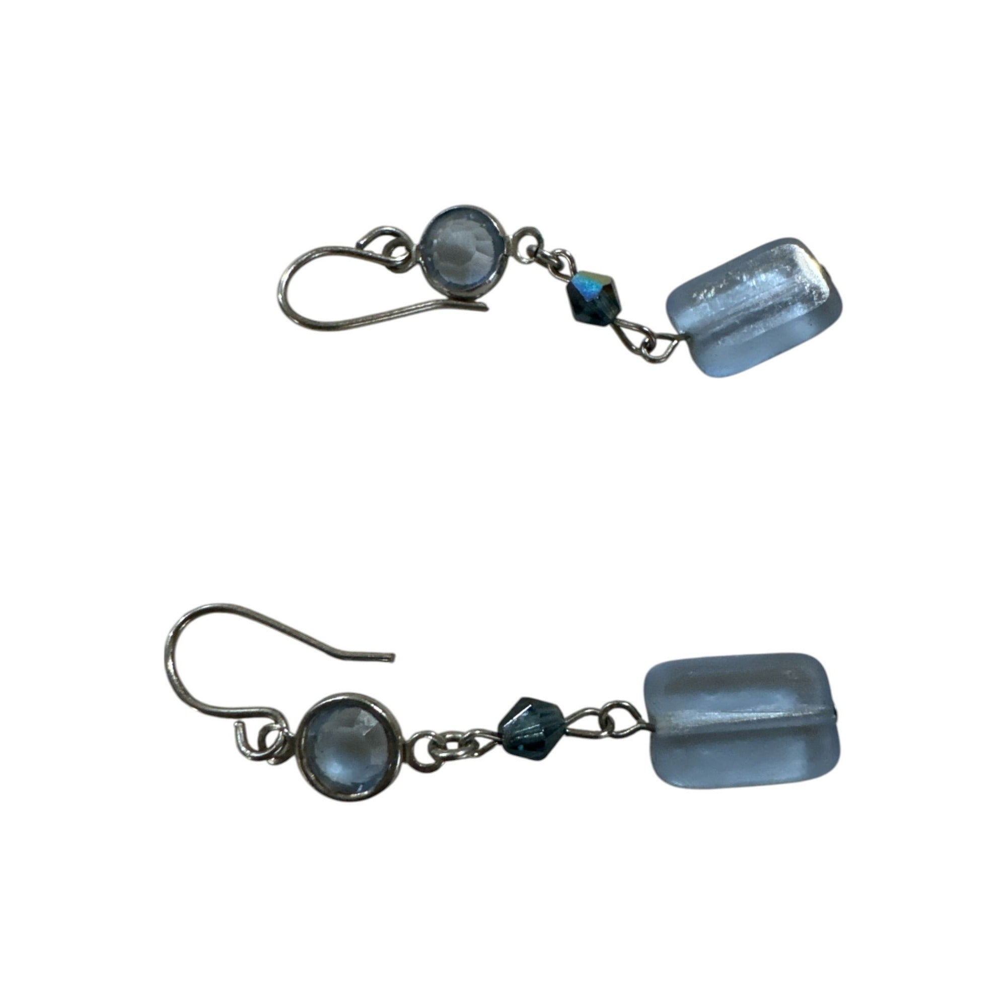 Blue Glass Drop Earrings With Faceted Crystal Accents On Silver Hooks