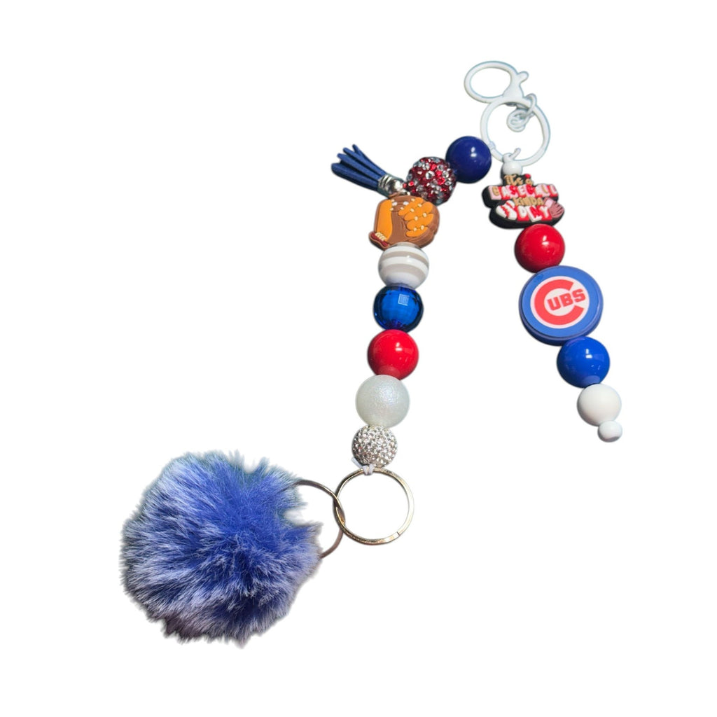 Chicago Cubs Baseball Keychain With Beads Pom-Pom & Tassel Charm - Red White & Blue
