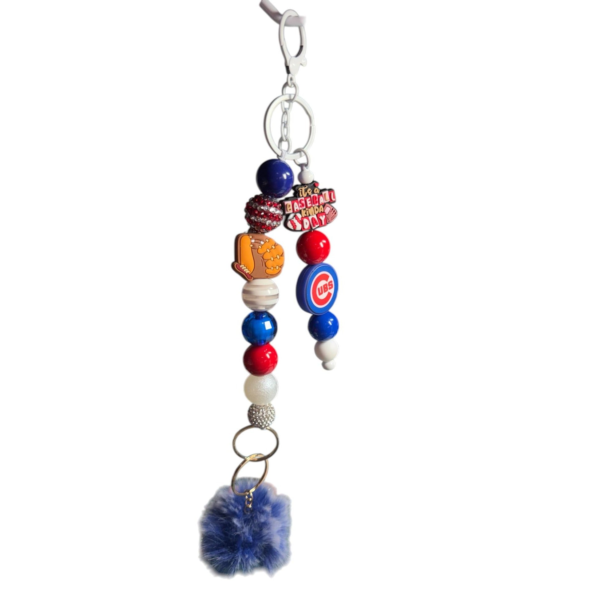 Chicago Cubs Baseball Keychain With Beads Pom-Pom & Tassel Charm - Red White & Blue