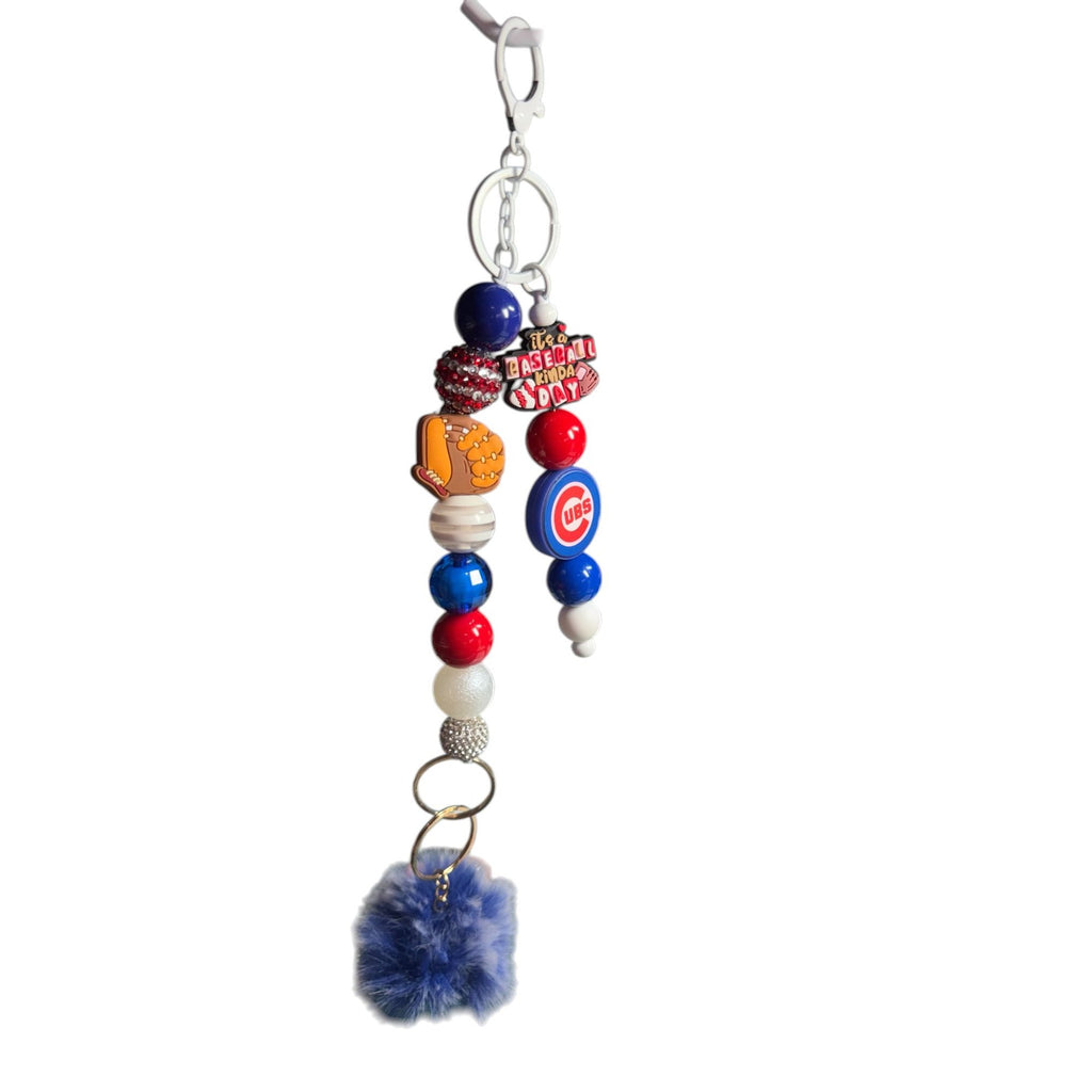 Chicago Cubs Baseball Keychain With Beads Pom-Pom & Tassel Charm - Red White & Blue