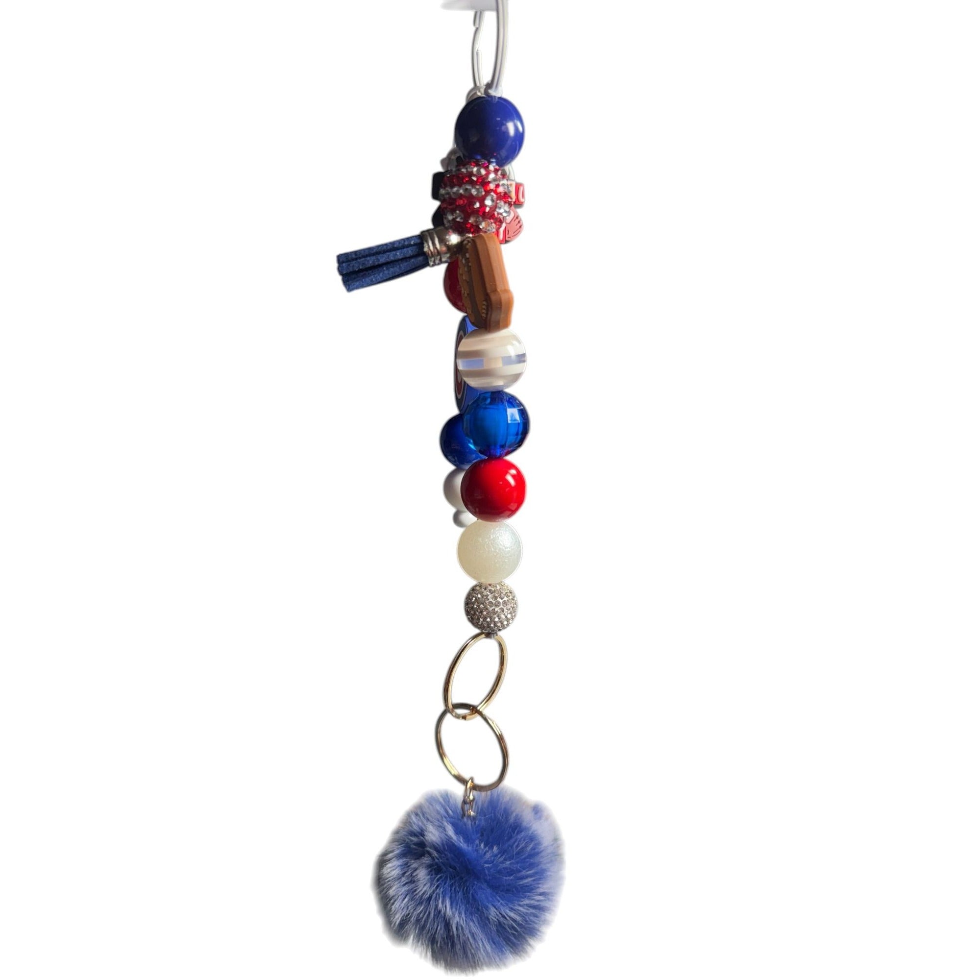 Chicago Cubs Baseball Keychain With Beads Pom-Pom & Tassel Charm - Red White & Blue