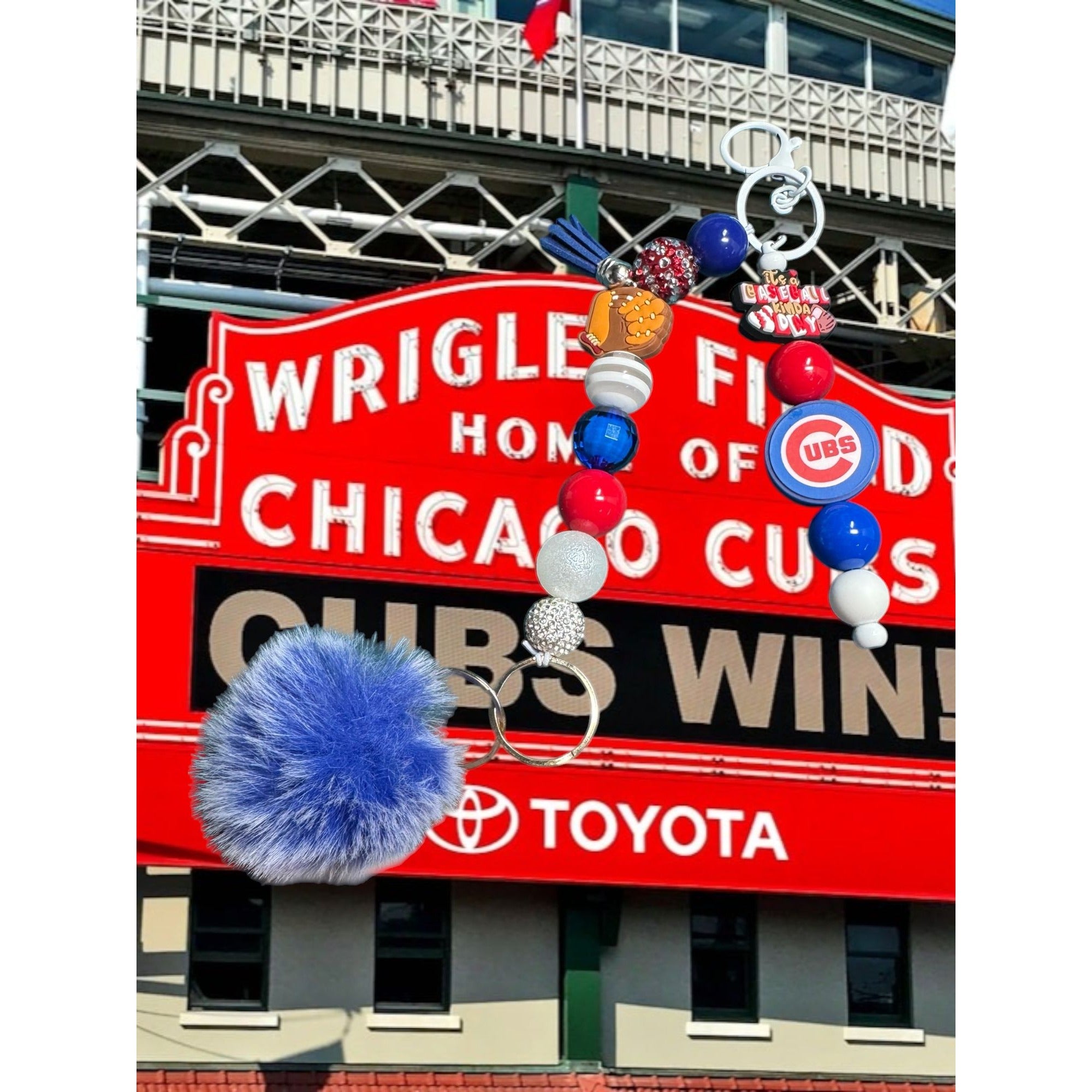 Chicago Cubs Baseball Keychain With Beads Pom-Pom & Tassel Charm - Red White & Blue