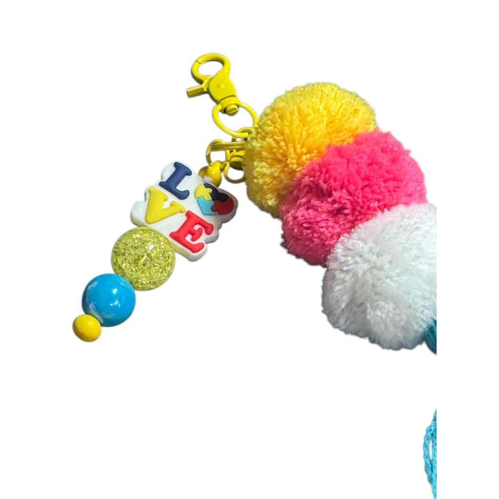 Colorful Pom-Pom Tassel Keychain With "Love" Beads & Beaded Accents Perfect For Bags Or Backpacks