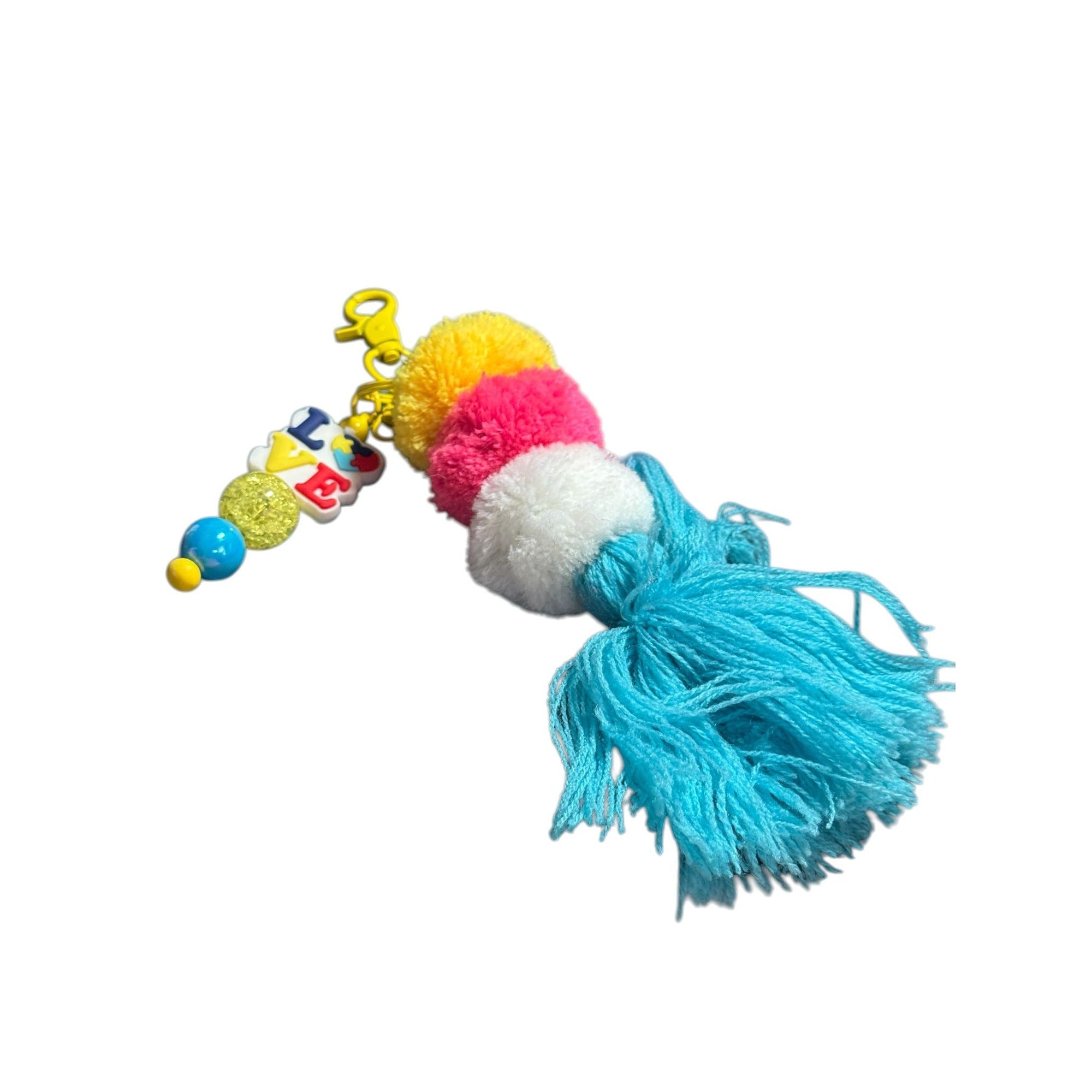 Colorful Pom-Pom Tassel Keychain With "Love" Beads & Beaded Accents Perfect For Bags Or Backpacks