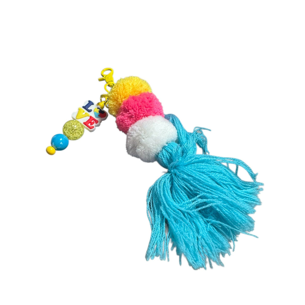 Colorful Pom-Pom Tassel Keychain With "Love" Beads & Beaded Accents Perfect For Bags Or Backpacks