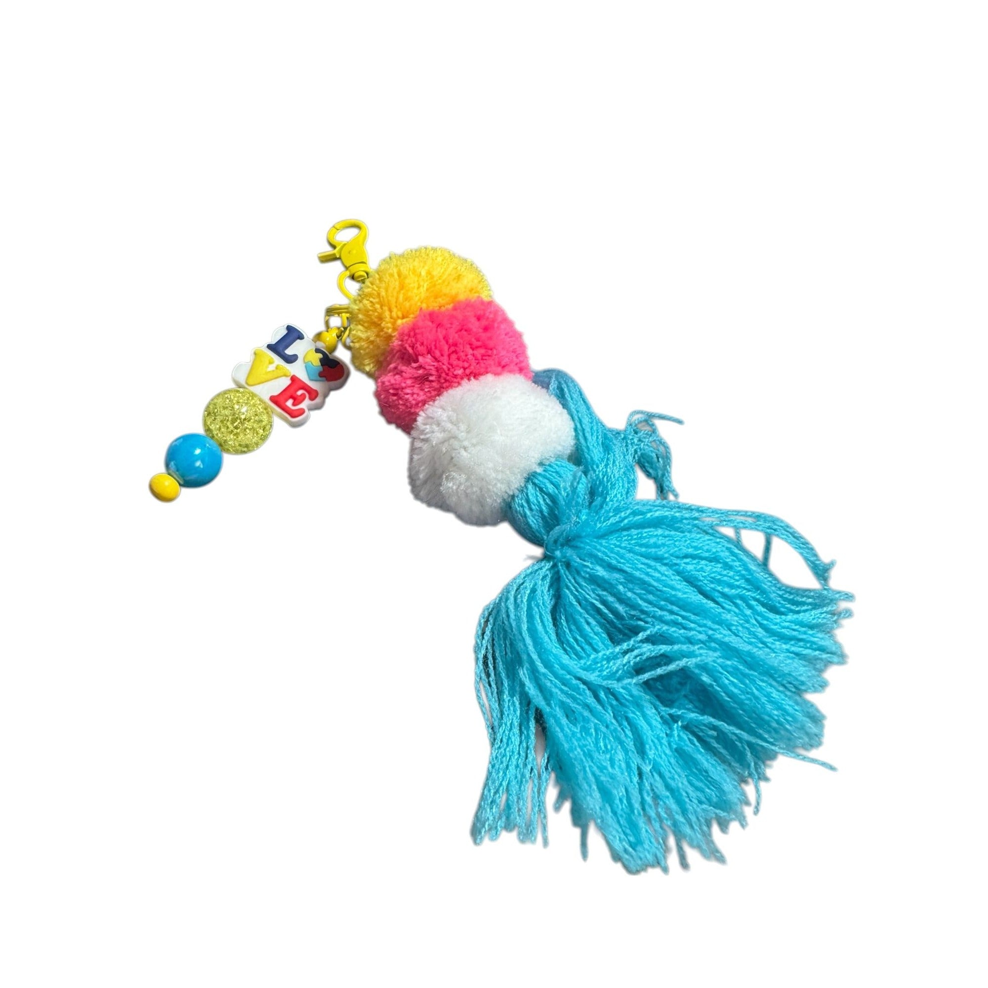 Colorful Pom-Pom Tassel Keychain With "Love" Beads & Beaded Accents Perfect For Bags Or Backpacks