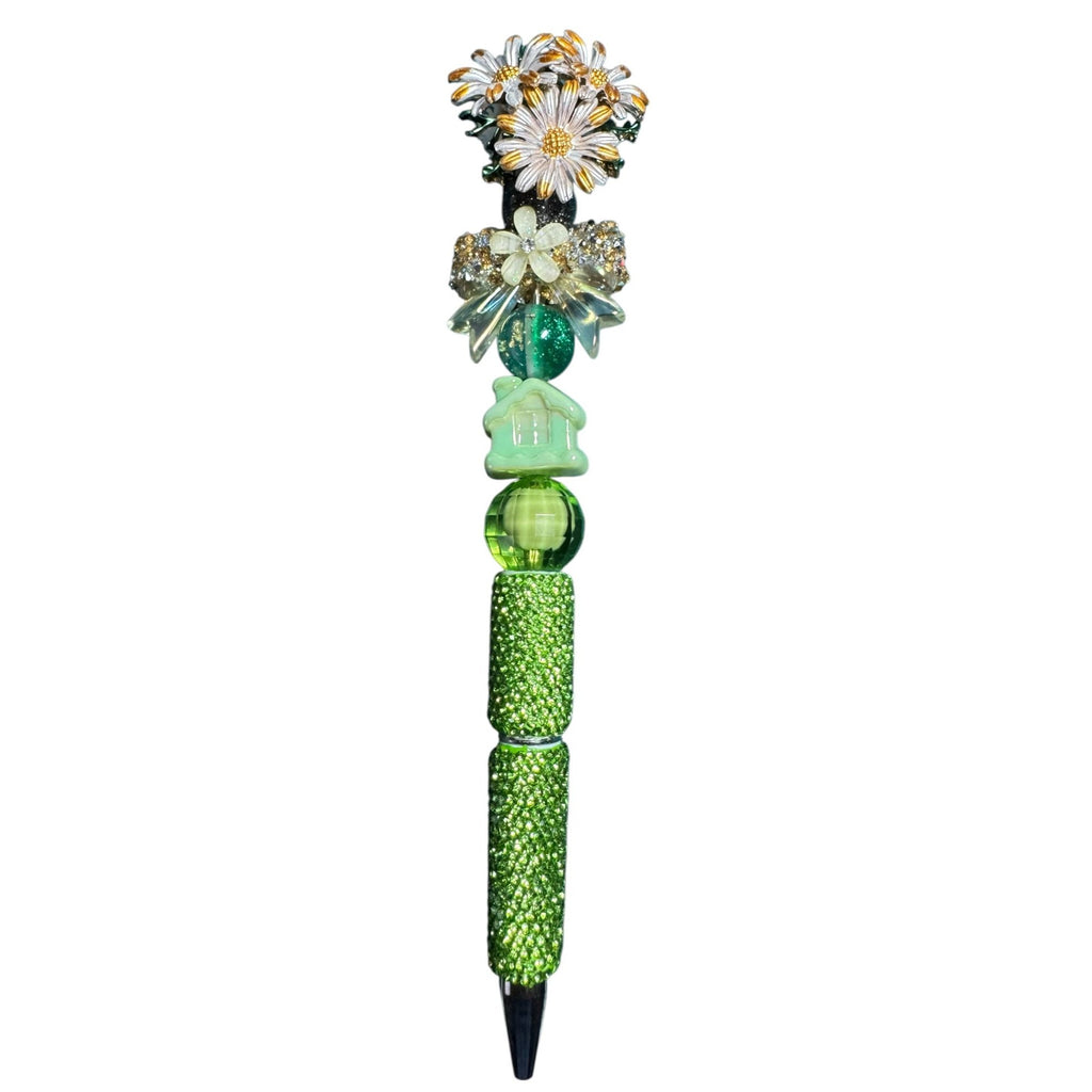 Decorative Green Beaded Pen With Floral & Crystal Accents Unique Handcrafted Design