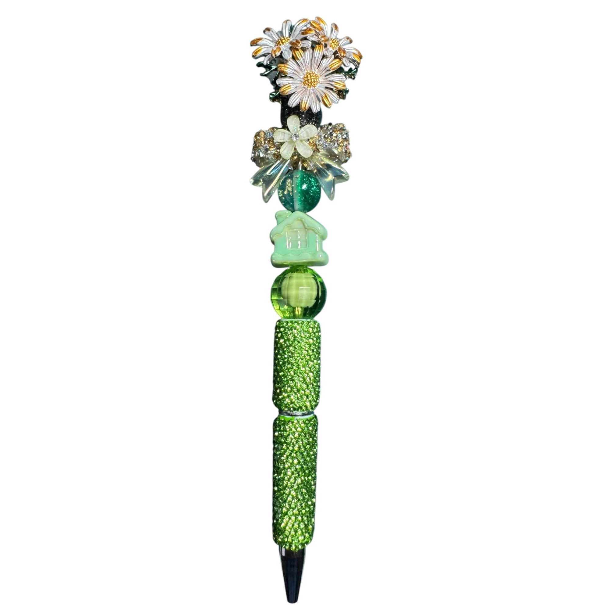Decorative Green Beaded Pen With Floral & Crystal Accents Unique Handcrafted Design